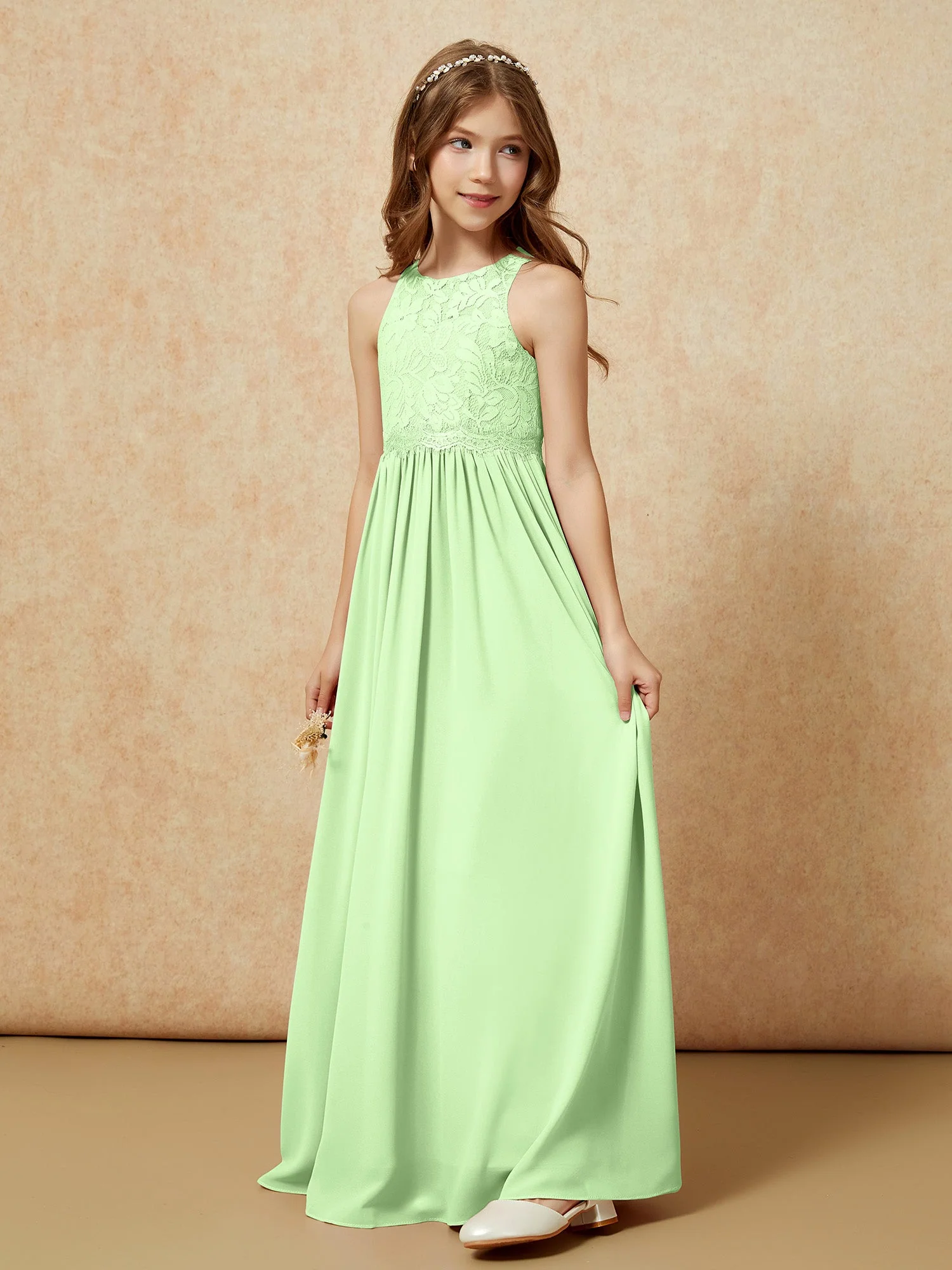 Ärmellos Spitze Chiffon A-Linie Junge Brautjungfernkleider Salbei - Image 3