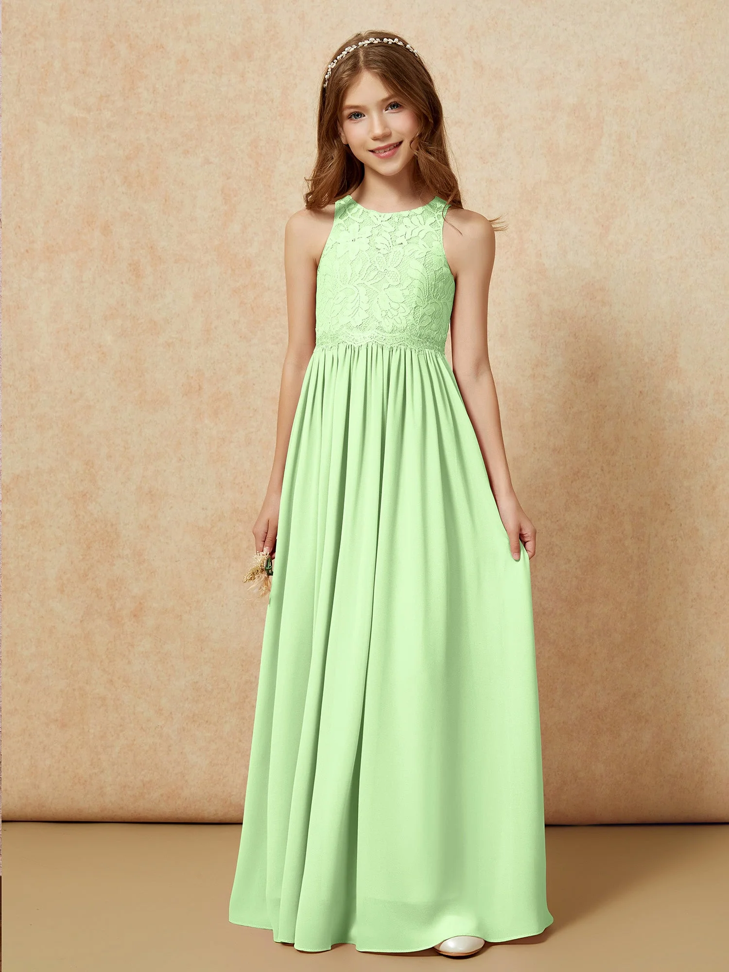 Ärmellos Spitze Chiffon A-Linie Junge Brautjungfernkleider Salbei - Image 6