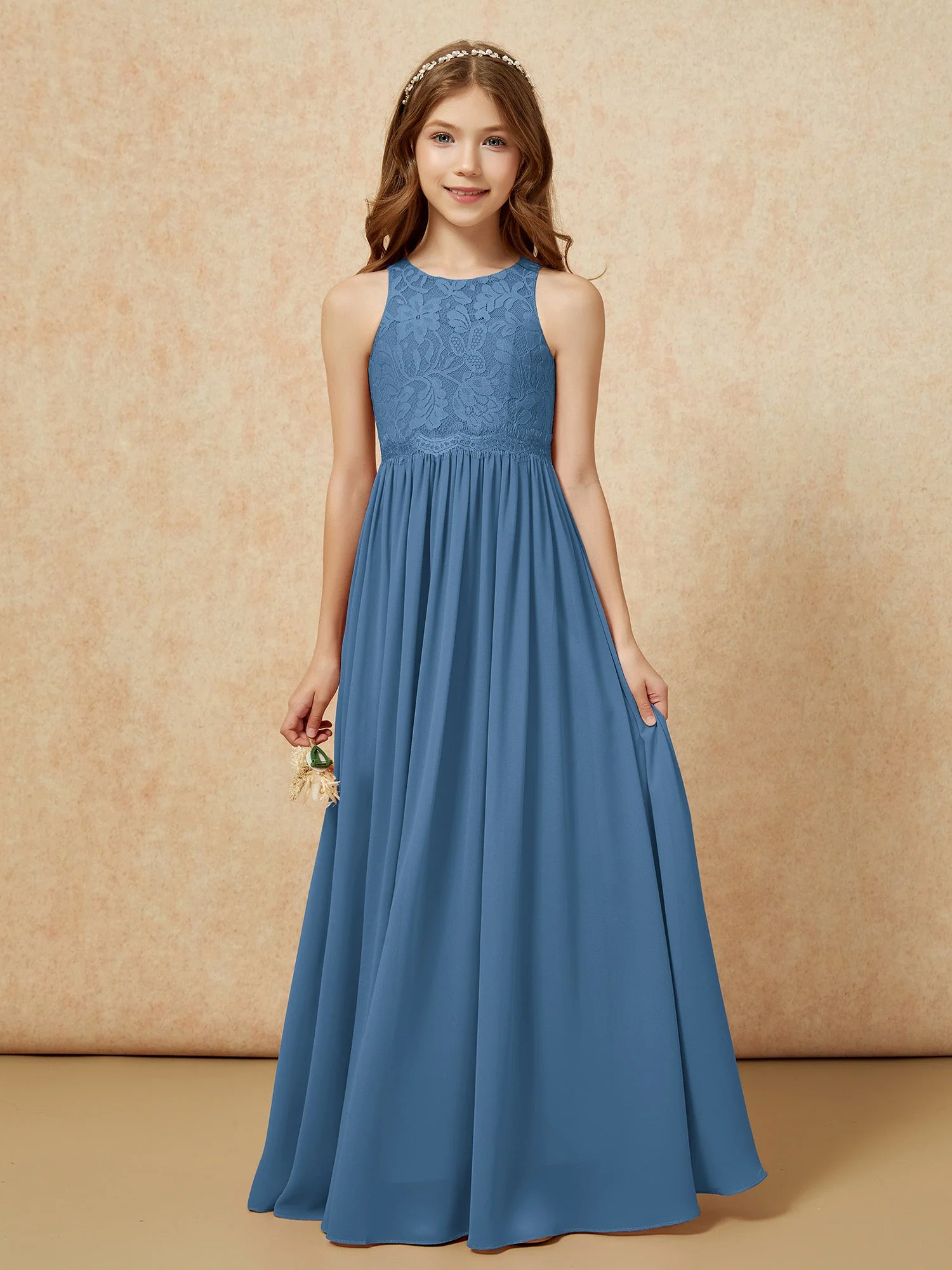 Ärmellos Spitze Chiffon A-Linie Junge Brautjungfernkleider Schiefer Blau