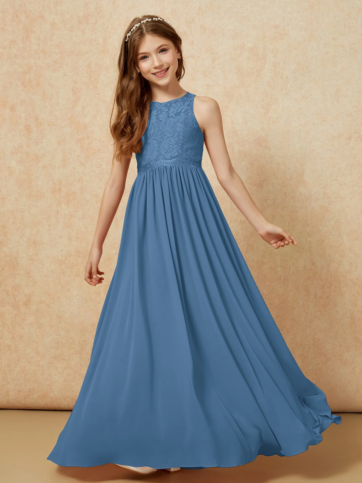Ärmellos Spitze Chiffon A-Linie Junge Brautjungfernkleider Schiefer Blau - Image 4