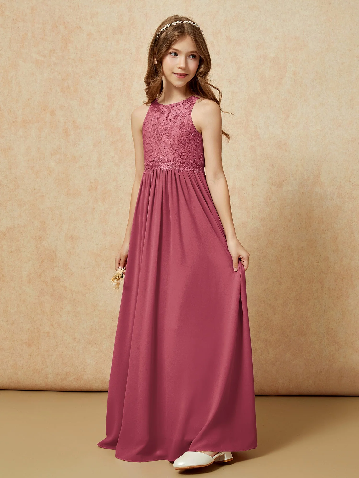 Ärmellos Spitze Chiffon A-Linie Junge Brautjungfernkleider Schokolade - Image 3