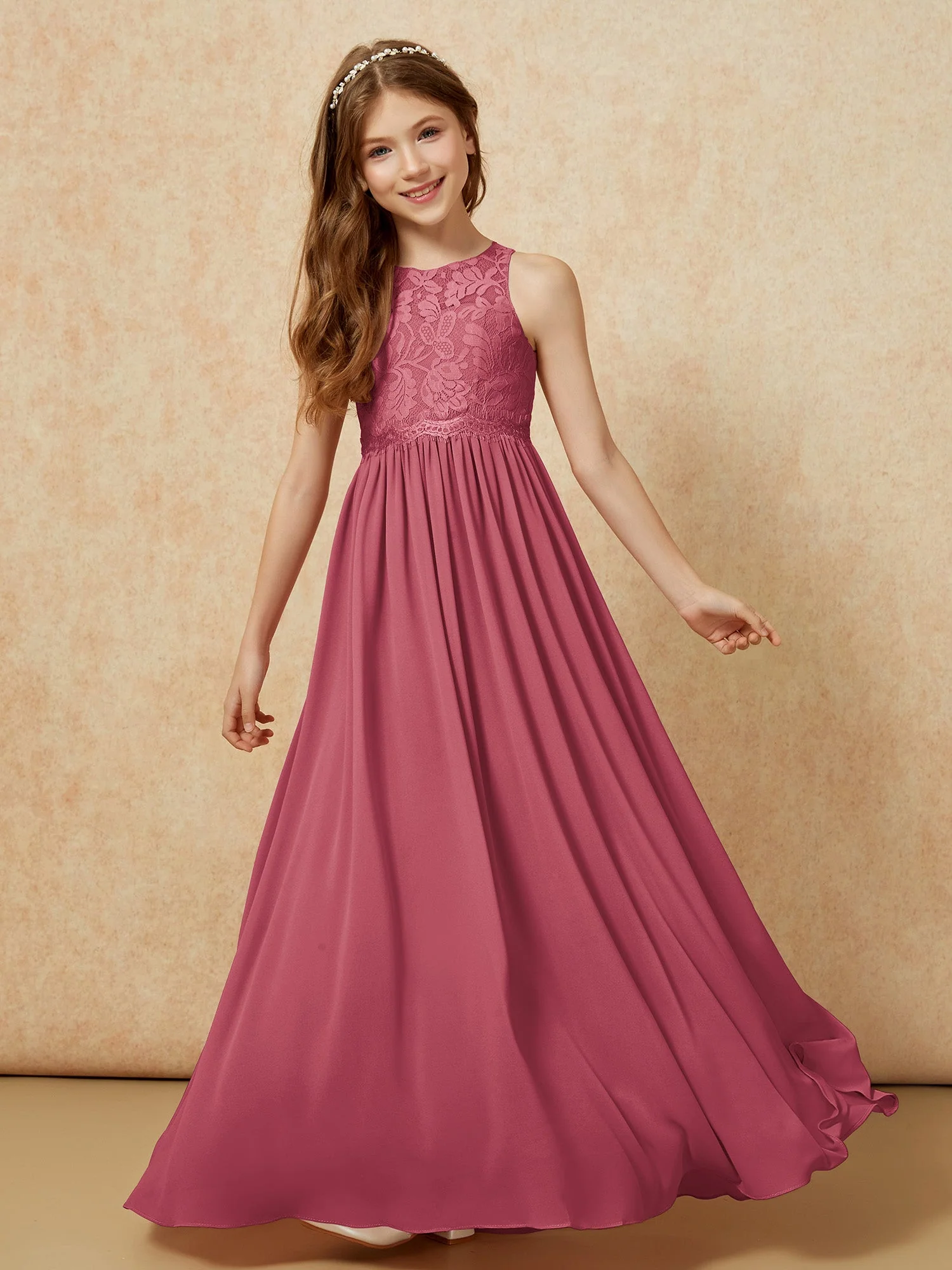 Ärmellos Spitze Chiffon A-Linie Junge Brautjungfernkleider Schokolade - Image 4