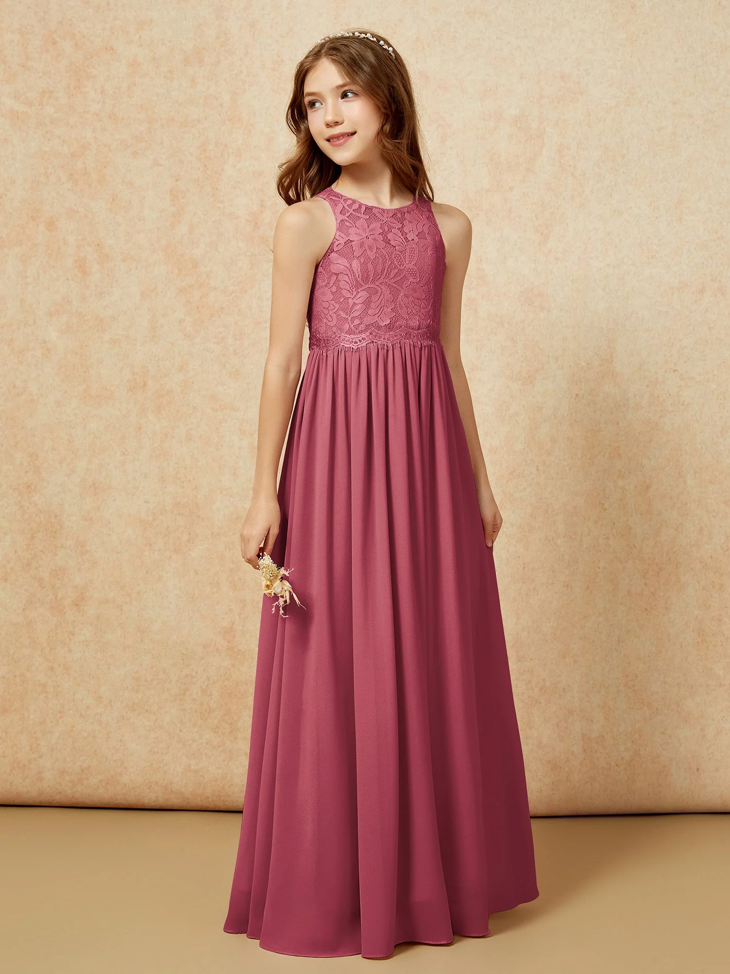 Ärmellos Spitze Chiffon A-Linie Junge Brautjungfernkleider Schokolade - Image 5