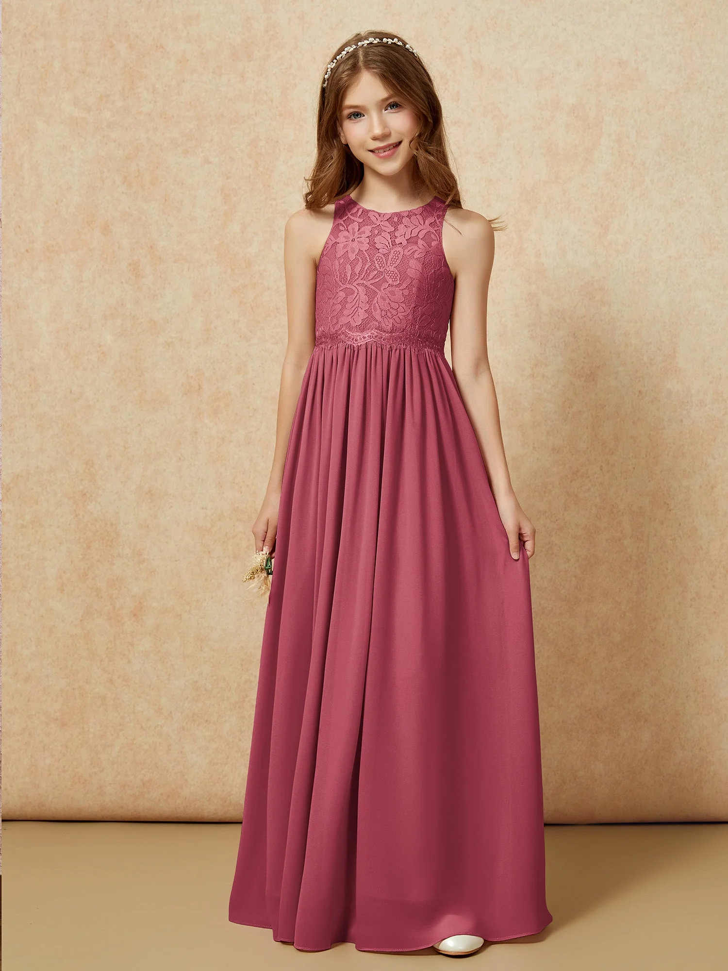 Ärmellos Spitze Chiffon A-Linie Junge Brautjungfernkleider Schokolade - Image 6