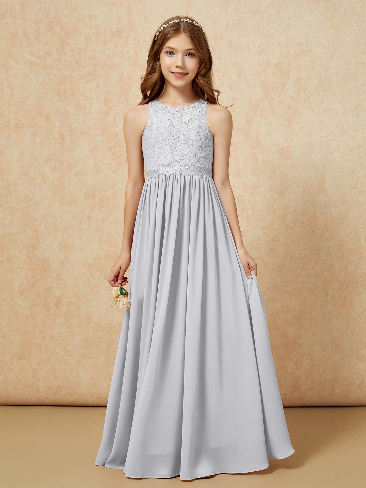 Ärmellos Spitze Chiffon A-Linie Junge Brautjungfernkleider Silber