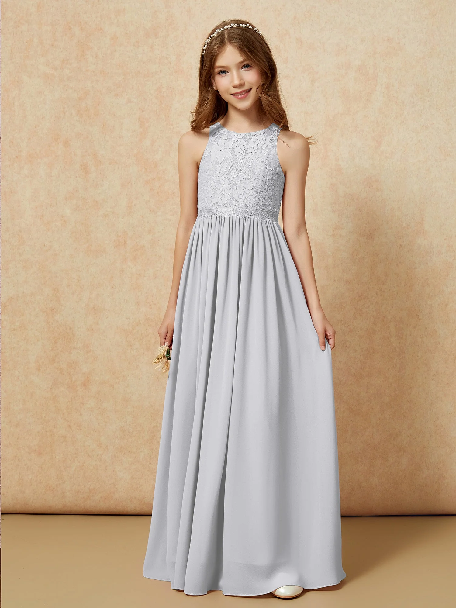 Ärmellos Spitze Chiffon A-Linie Junge Brautjungfernkleider Silber - Image 6