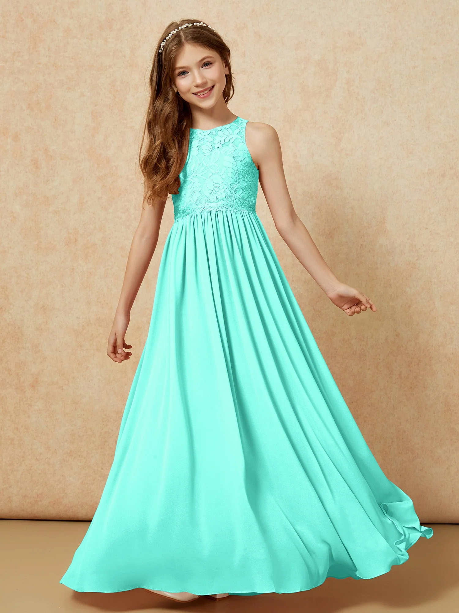 Ärmellos Spitze Chiffon A-Linie Junge Brautjungfernkleider Spa - Image 4