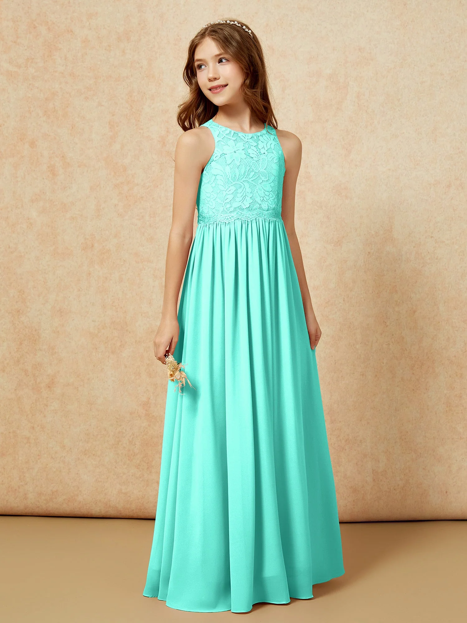 Ärmellos Spitze Chiffon A-Linie Junge Brautjungfernkleider Spa - Image 5
