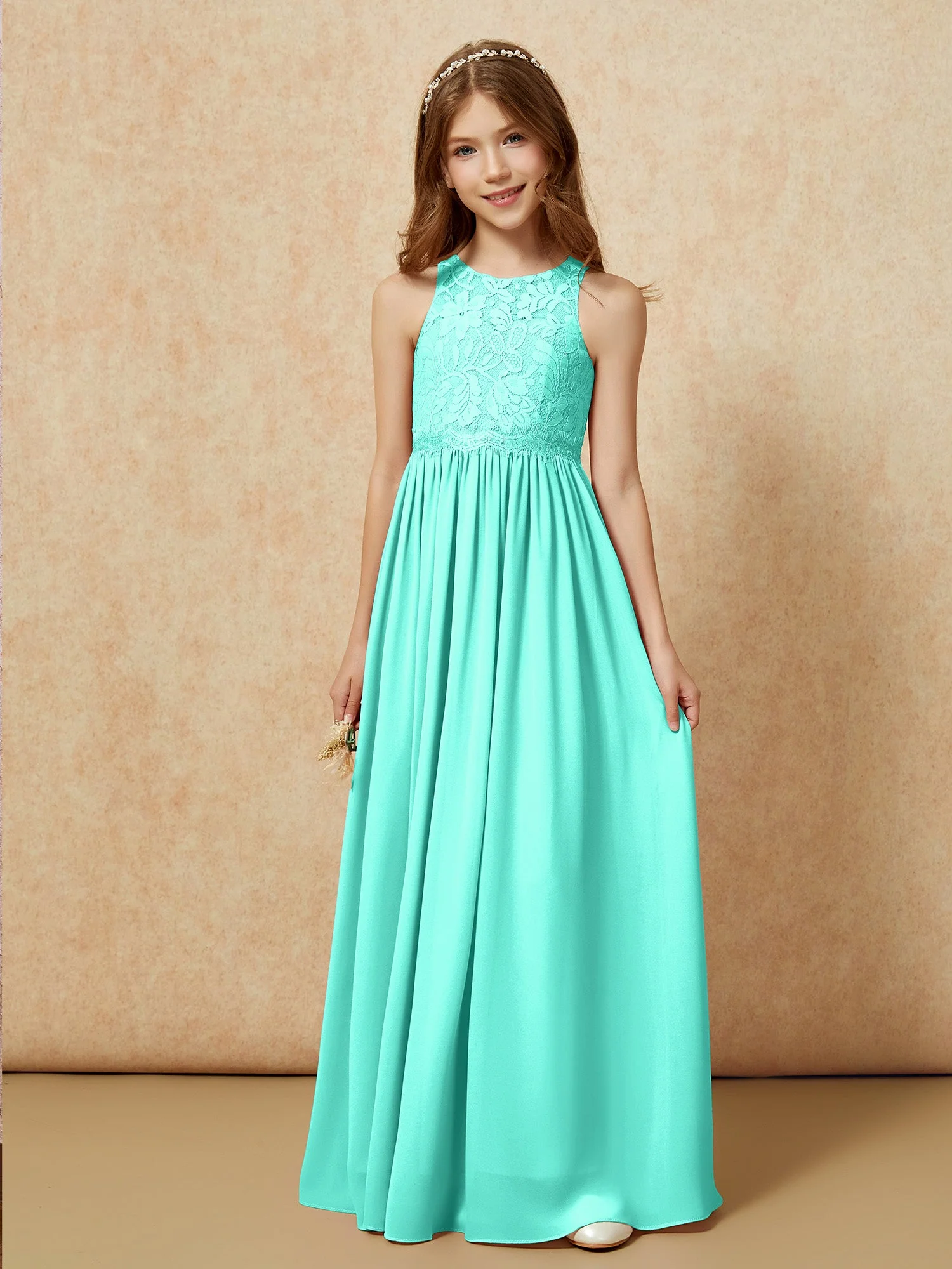 Ärmellos Spitze Chiffon A-Linie Junge Brautjungfernkleider Spa - Image 6