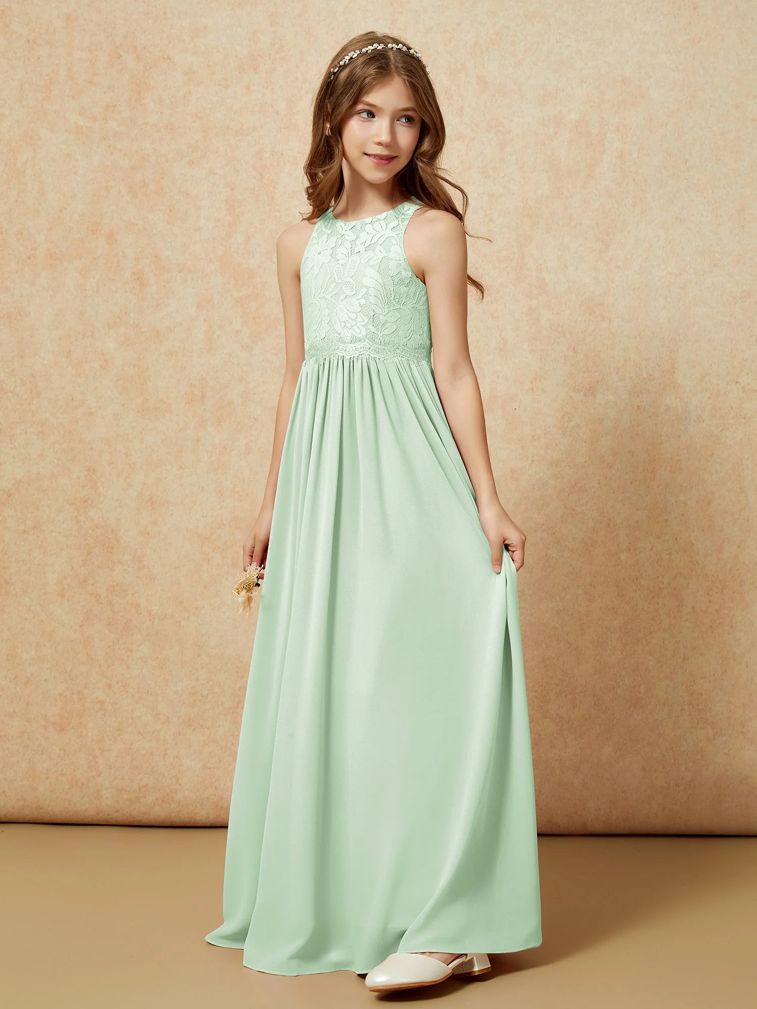 Ärmellos Spitze Chiffon A-Linie Junge Brautjungfernkleider Staubiges Blau - Image 3