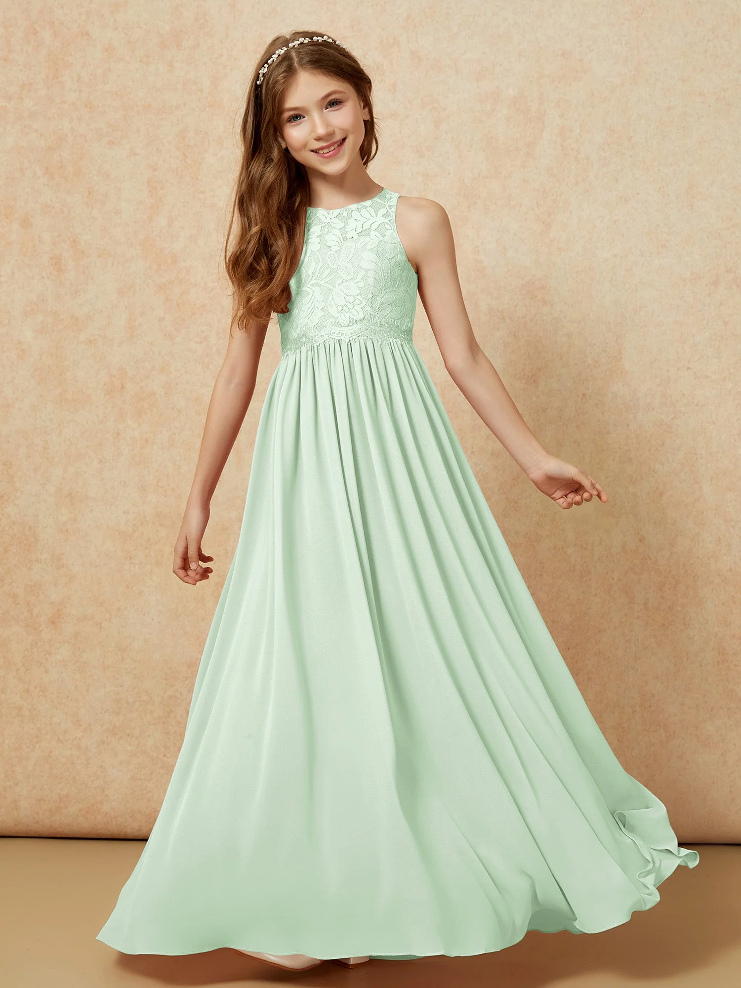 Ärmellos Spitze Chiffon A-Linie Junge Brautjungfernkleider Staubiges Blau - Image 4