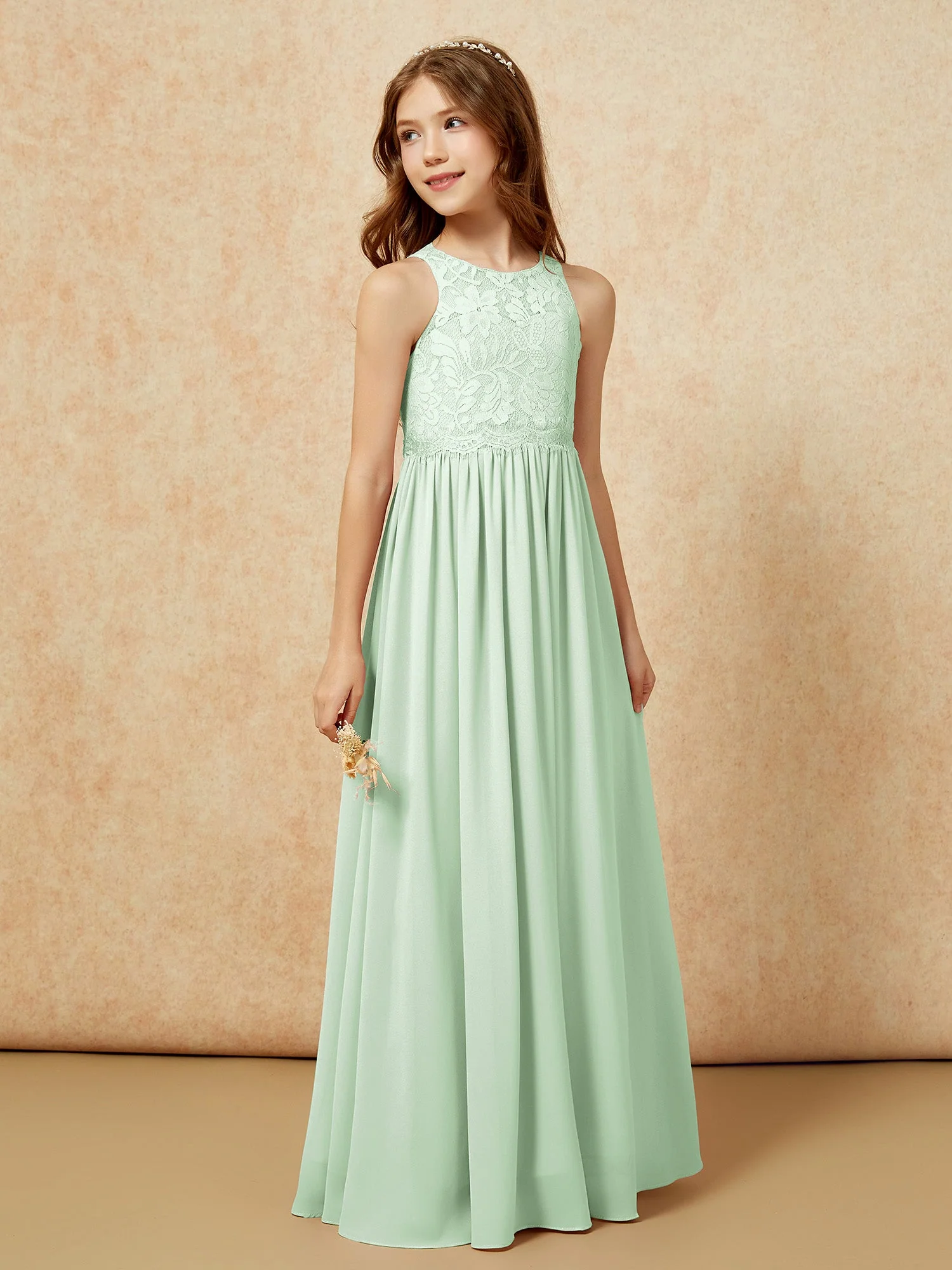 Ärmellos Spitze Chiffon A-Linie Junge Brautjungfernkleider Staubiges Blau - Image 5