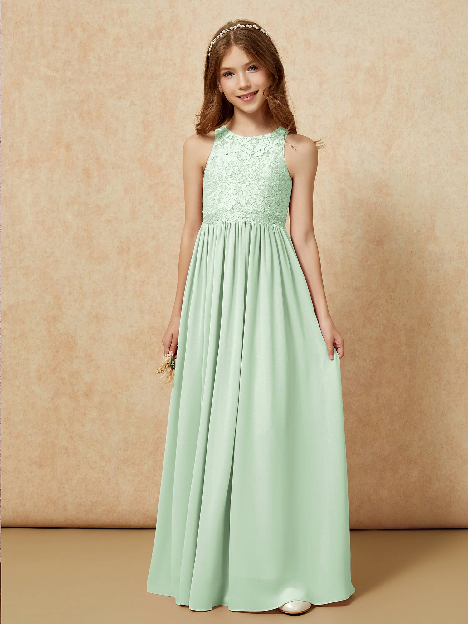 Ärmellos Spitze Chiffon A-Linie Junge Brautjungfernkleider Staubiges Blau - Image 6