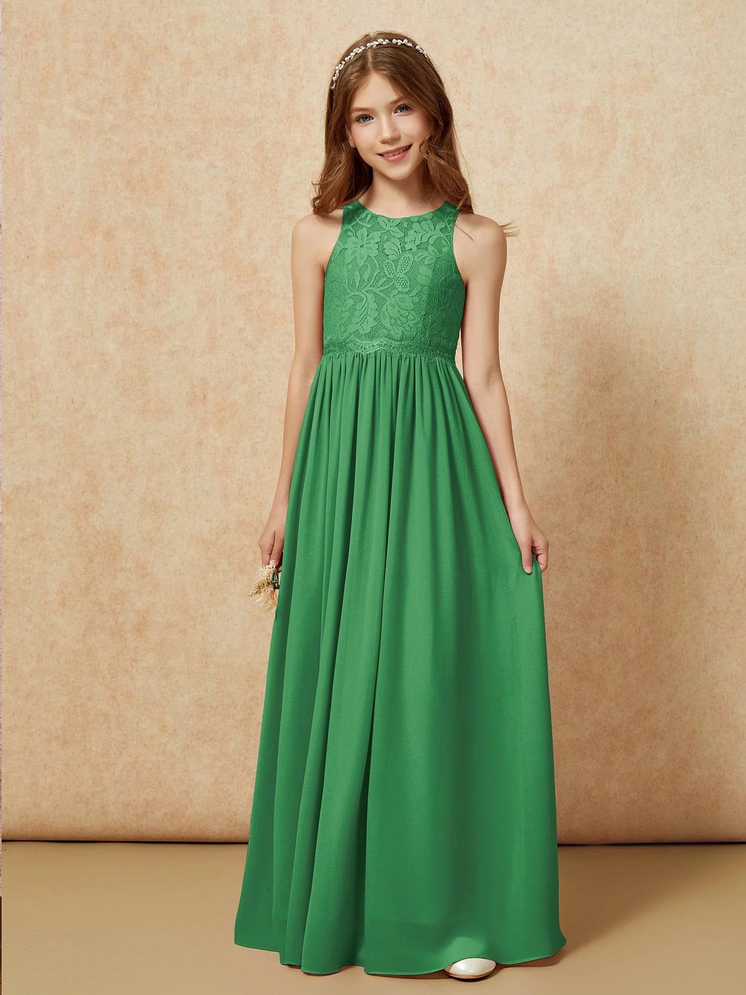 Ärmellos Spitze Chiffon A-Linie Junge Brautjungfernkleider Staubiges Salbei - Image 6