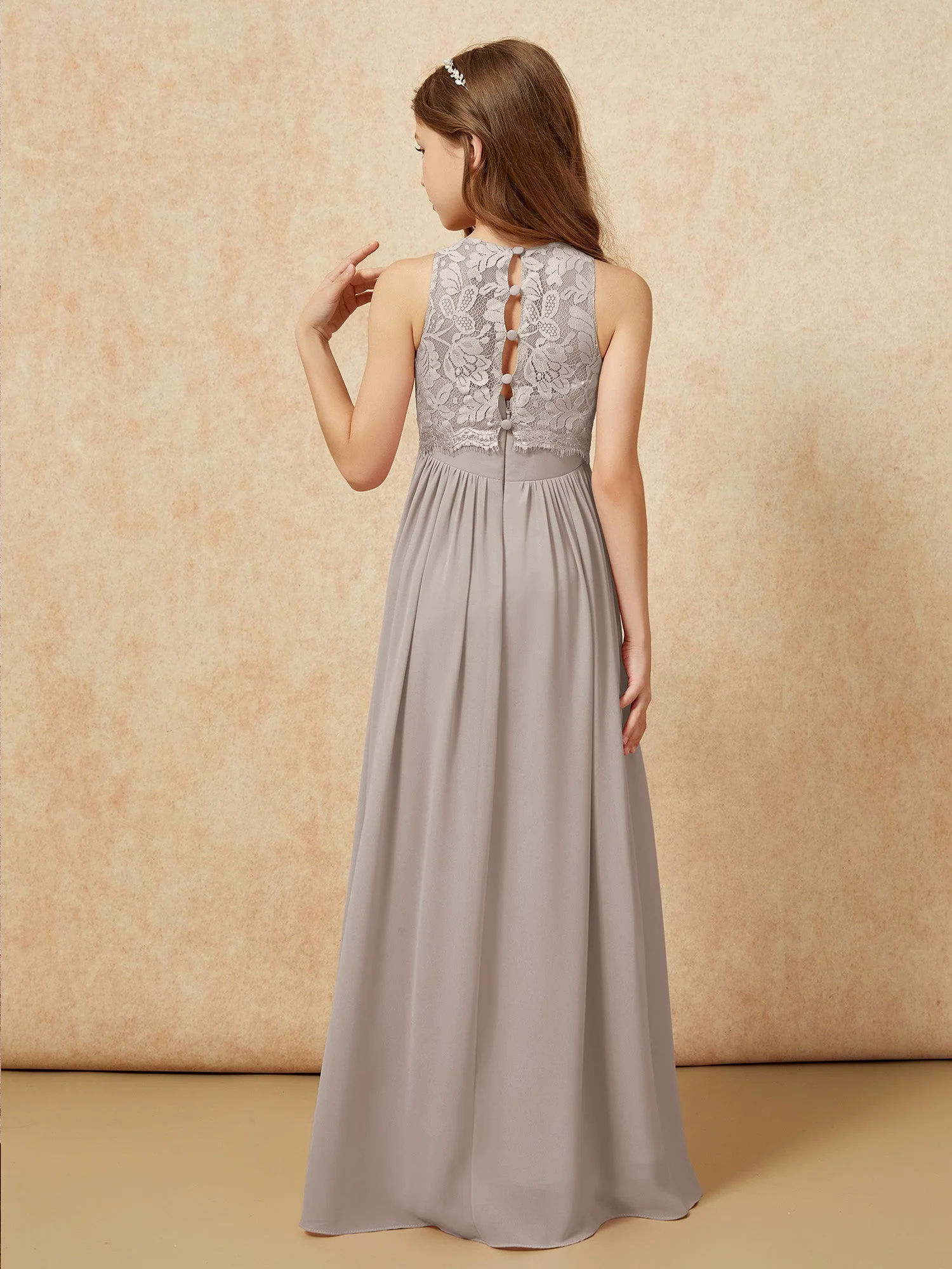 Ärmellos Spitze Chiffon A-Linie Junge Brautjungfernkleider Taupe - Image 2