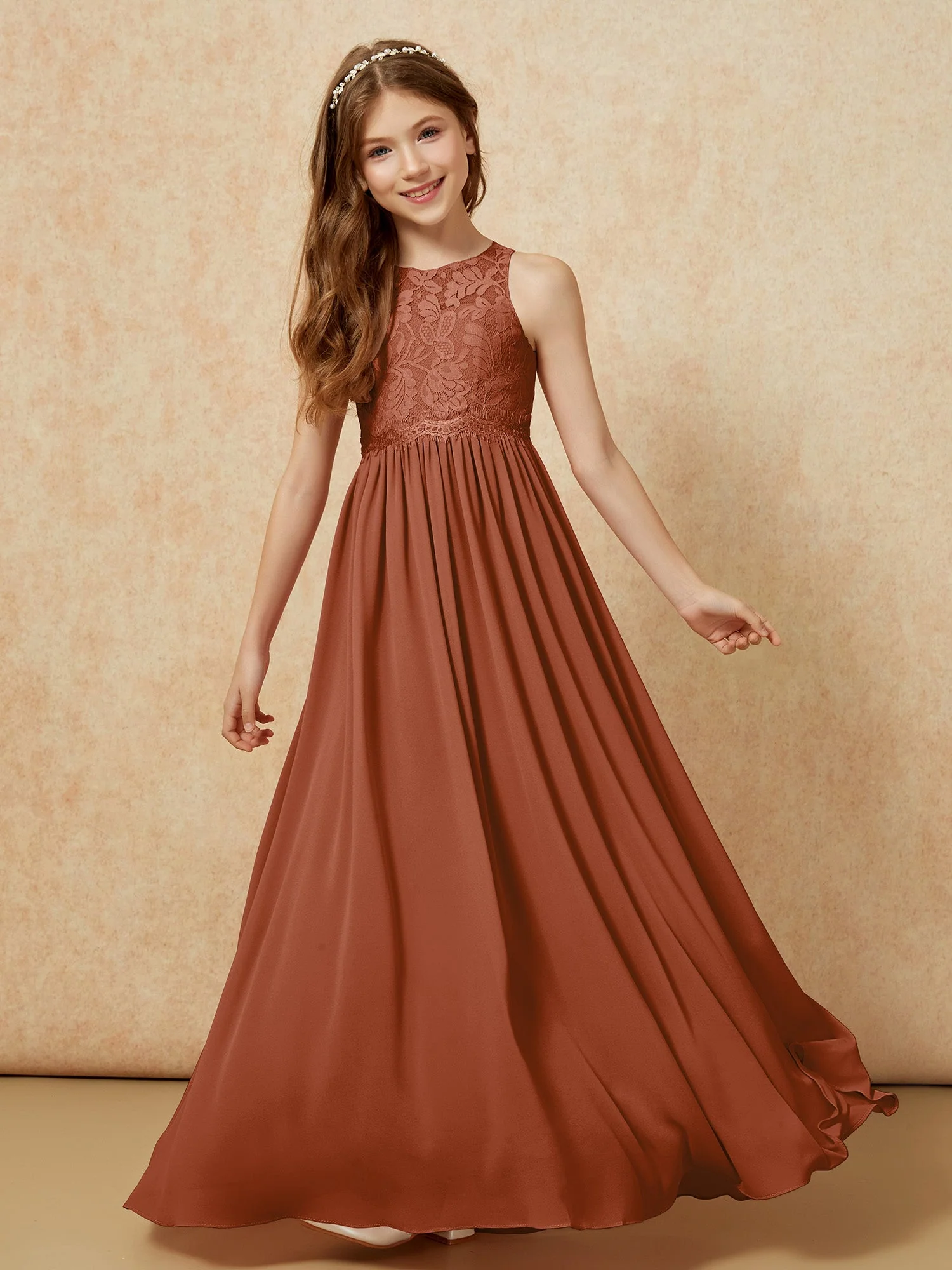 Ärmellos Spitze Chiffon A-Linie Junge Brautjungfernkleider Terrakotta - Image 4