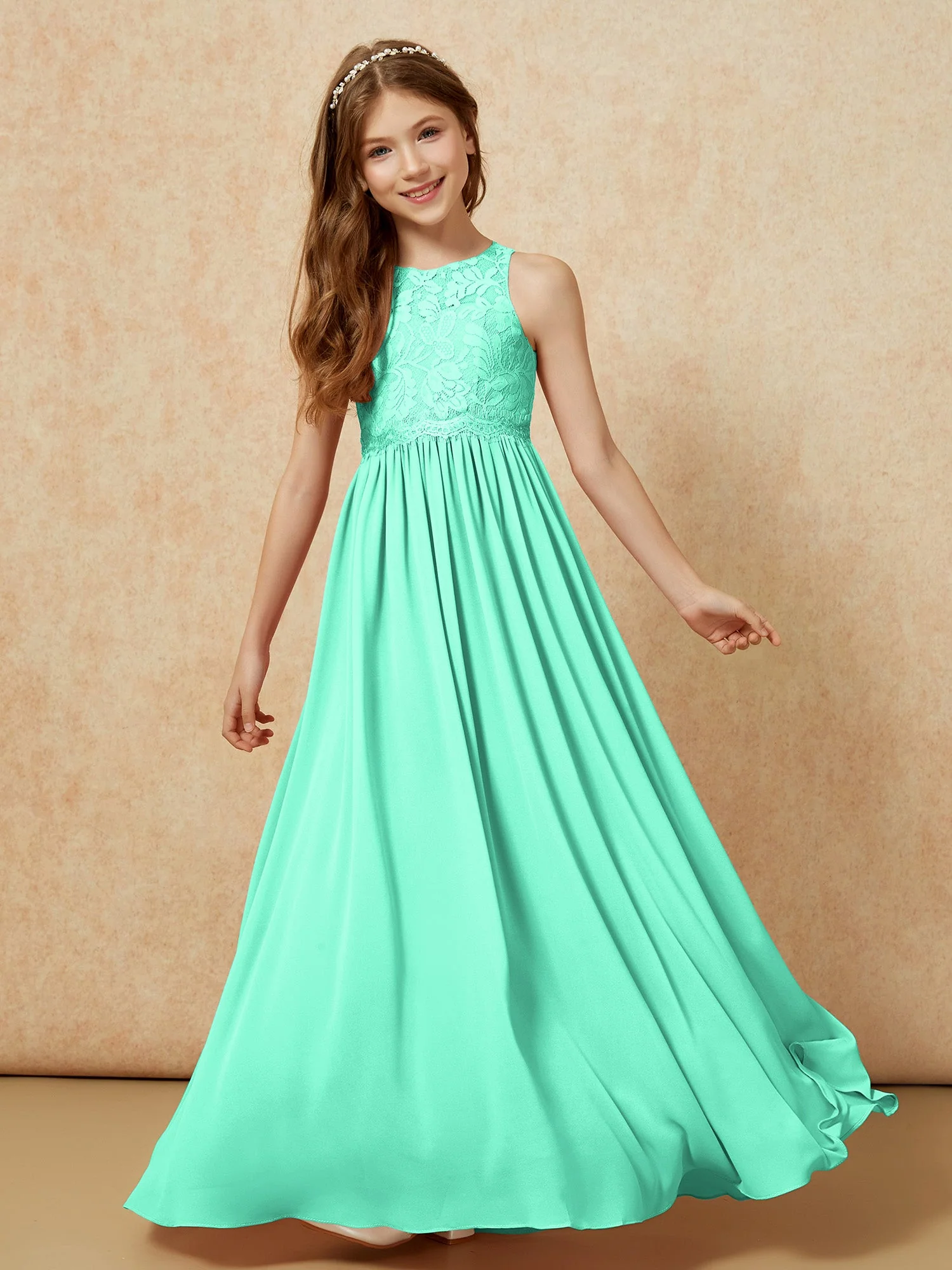 Ärmellos Spitze Chiffon A-Linie Junge Brautjungfernkleider Türkis - Image 4