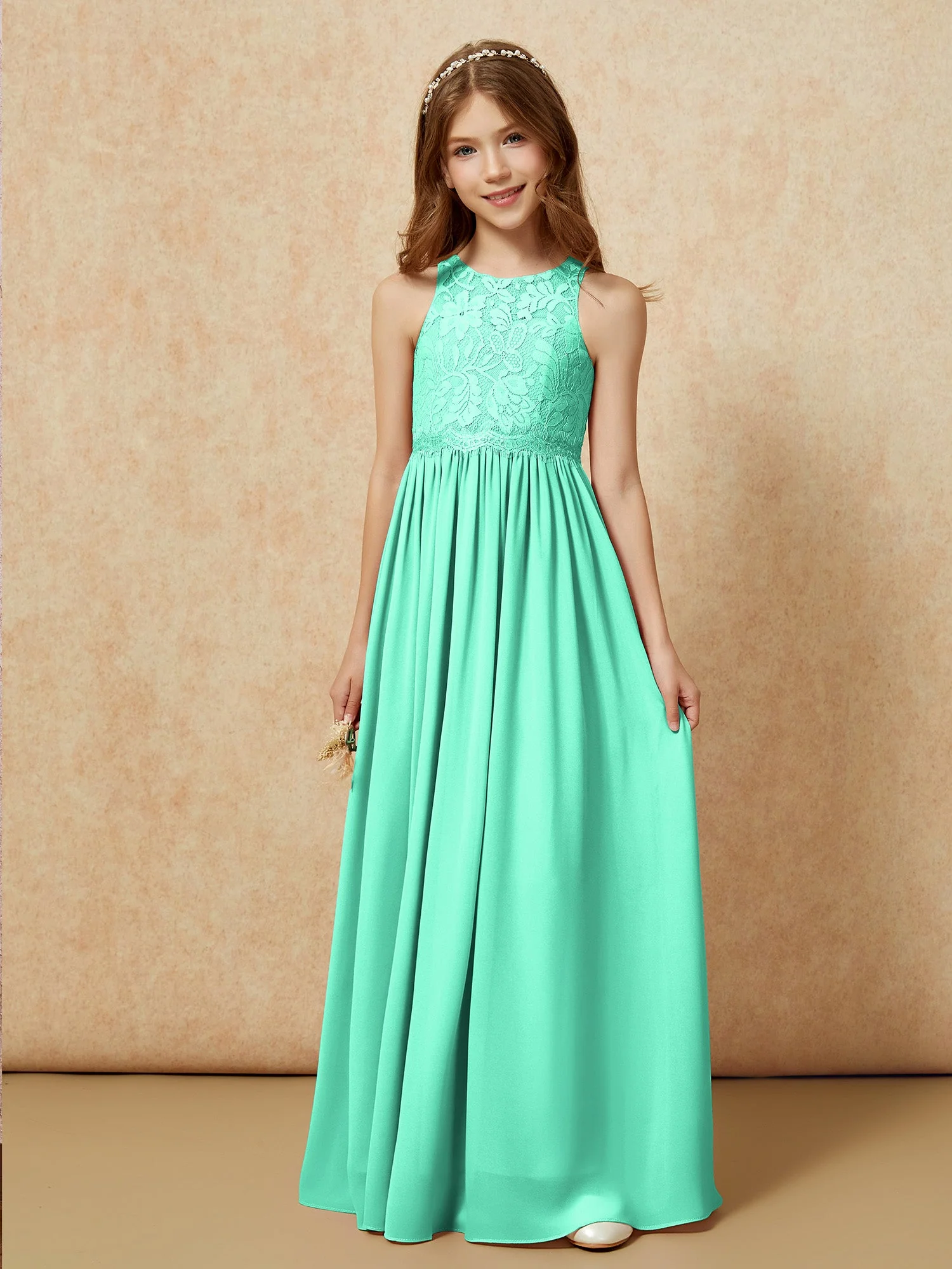 Ärmellos Spitze Chiffon A-Linie Junge Brautjungfernkleider Türkis - Image 6