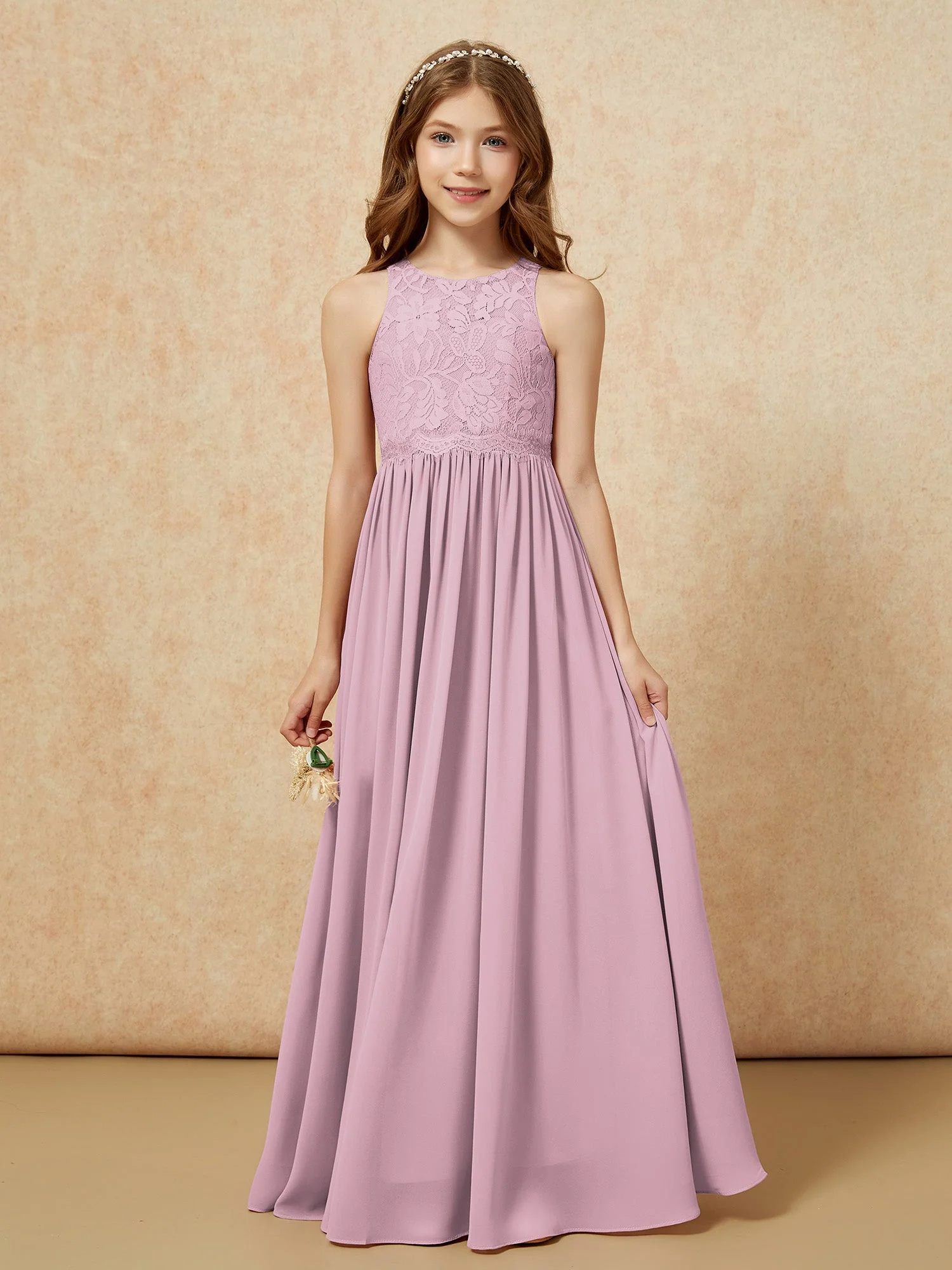 Ärmellos Spitze Chiffon A-Linie Junge Brautjungfernkleider Vintage Mauve