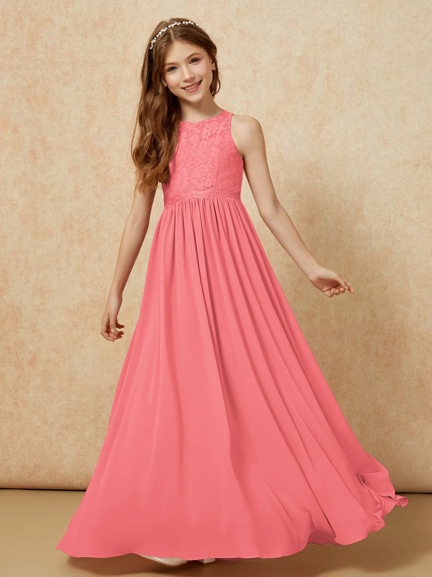 Ärmellos Spitze Chiffon A-Linie Junge Brautjungfernkleider Wassermelone - Image 4
