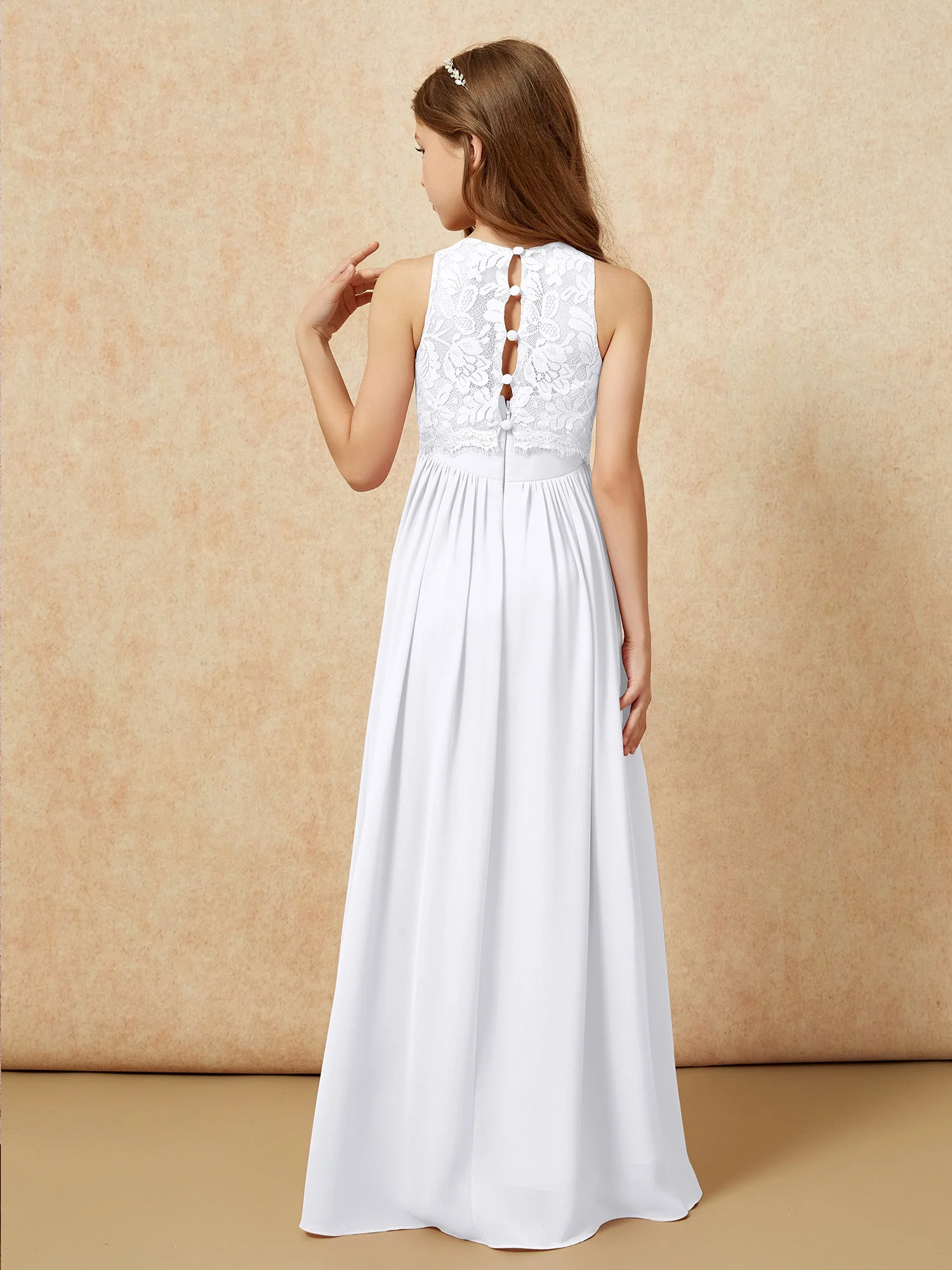Ärmellos Spitze Chiffon A-Linie Junge Brautjungfernkleider Weiß - Image 2