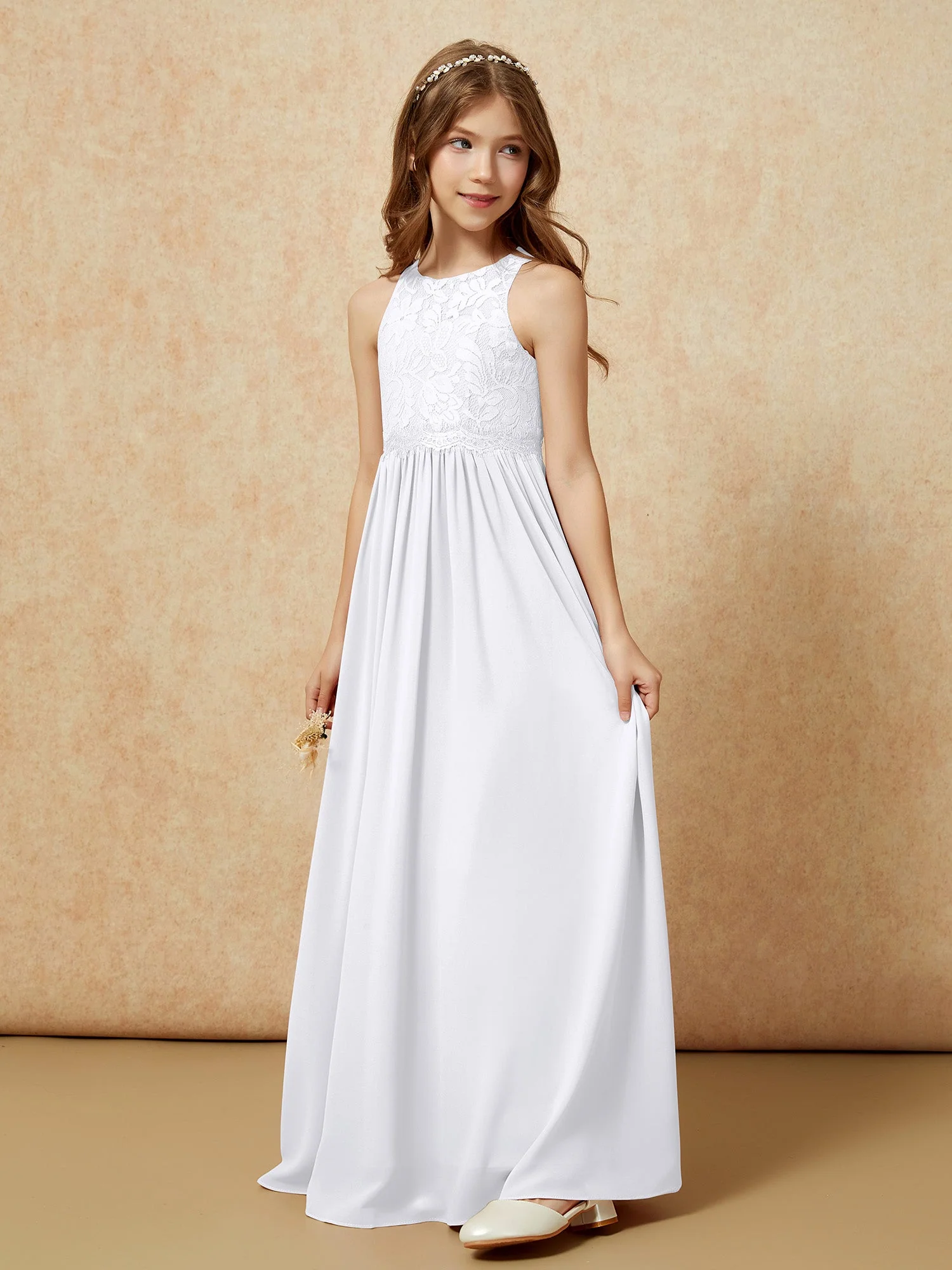 Ärmellos Spitze Chiffon A-Linie Junge Brautjungfernkleider Weiß - Image 3