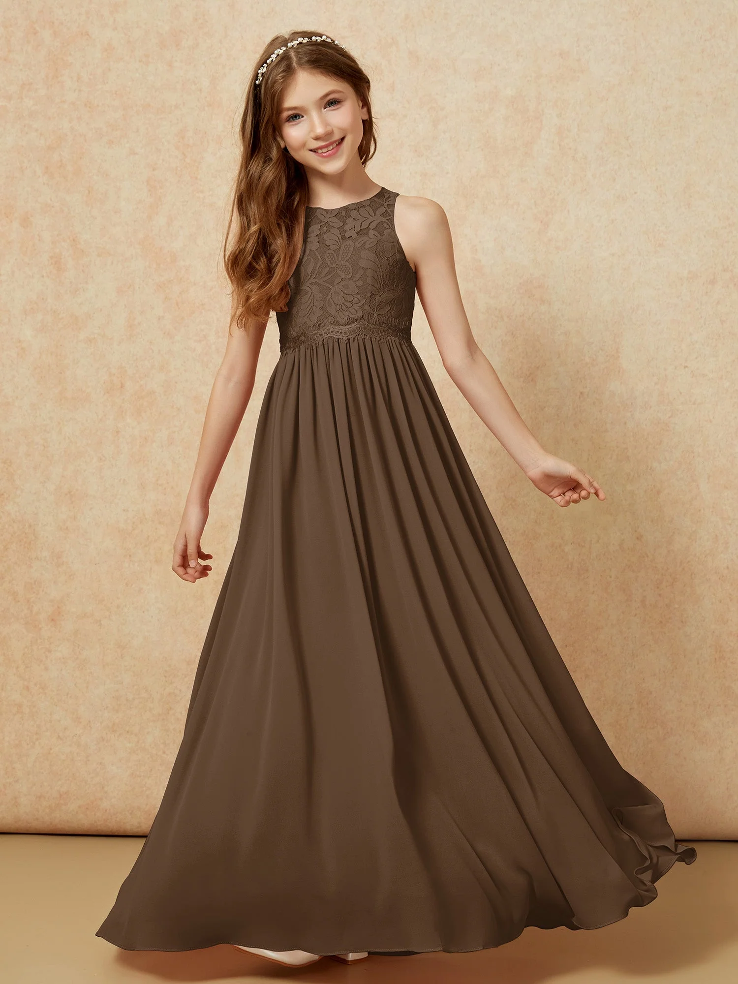 Ärmellos Spitze Chiffon A-Linie Junge Brautjungfernkleider Zartrosa - Image 4