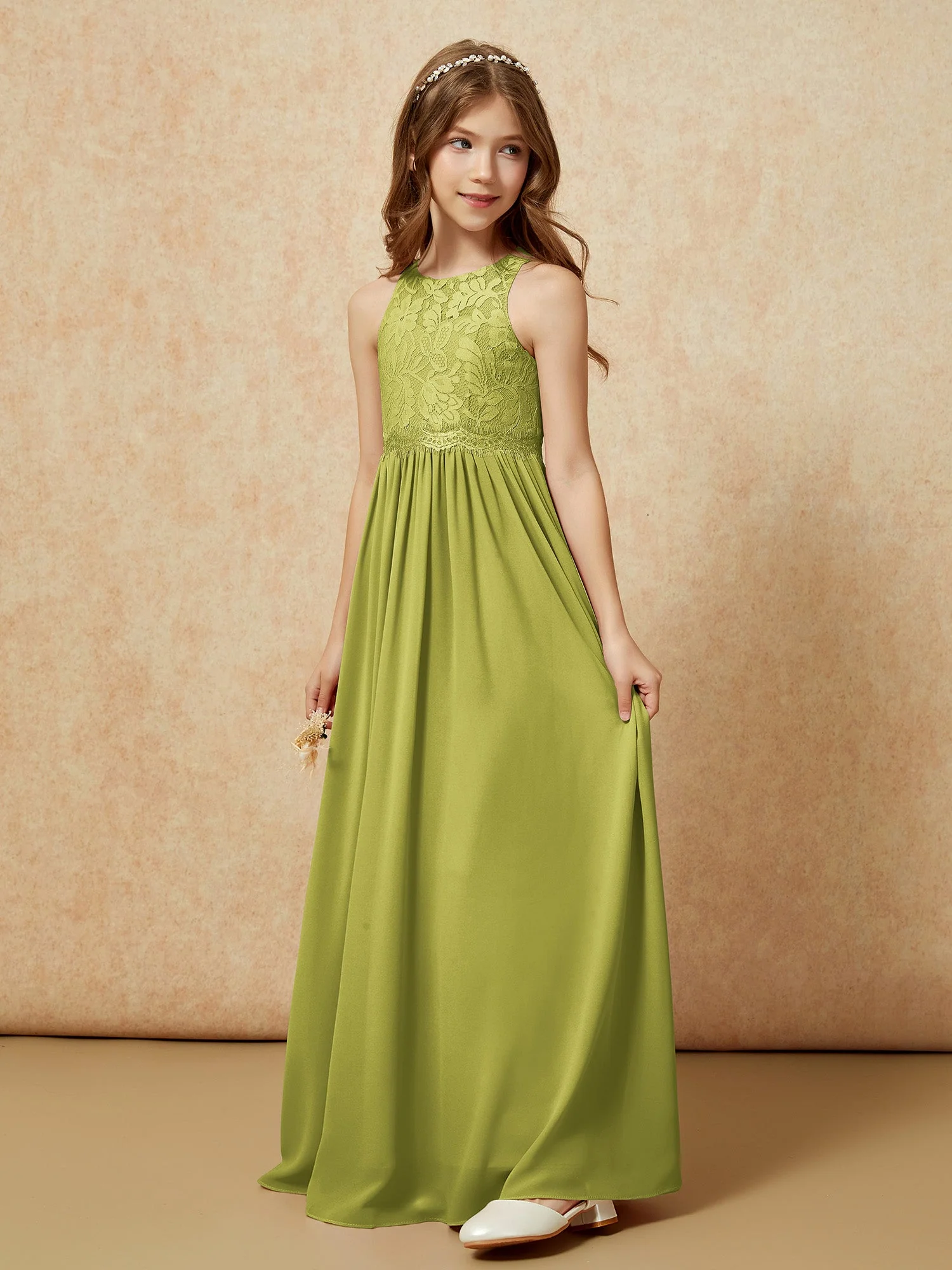 Ärmellos Spitze Chiffon A-Linie Junge Brautjungfernkleider Zimtrose - Image 3