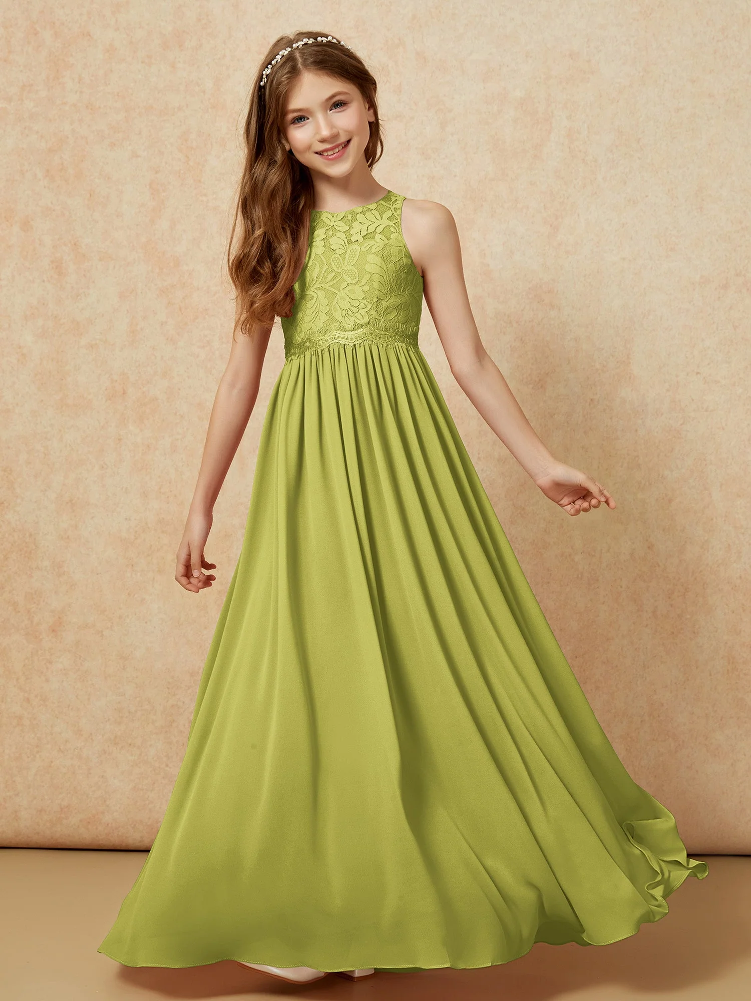 Ärmellos Spitze Chiffon A-Linie Junge Brautjungfernkleider Zimtrose - Image 4