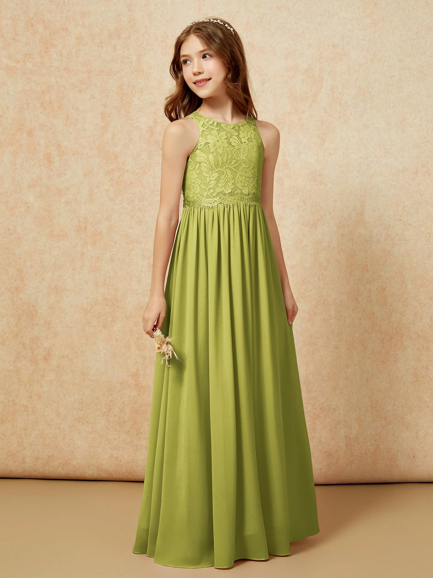 Ärmellos Spitze Chiffon A-Linie Junge Brautjungfernkleider Zimtrose - Image 5