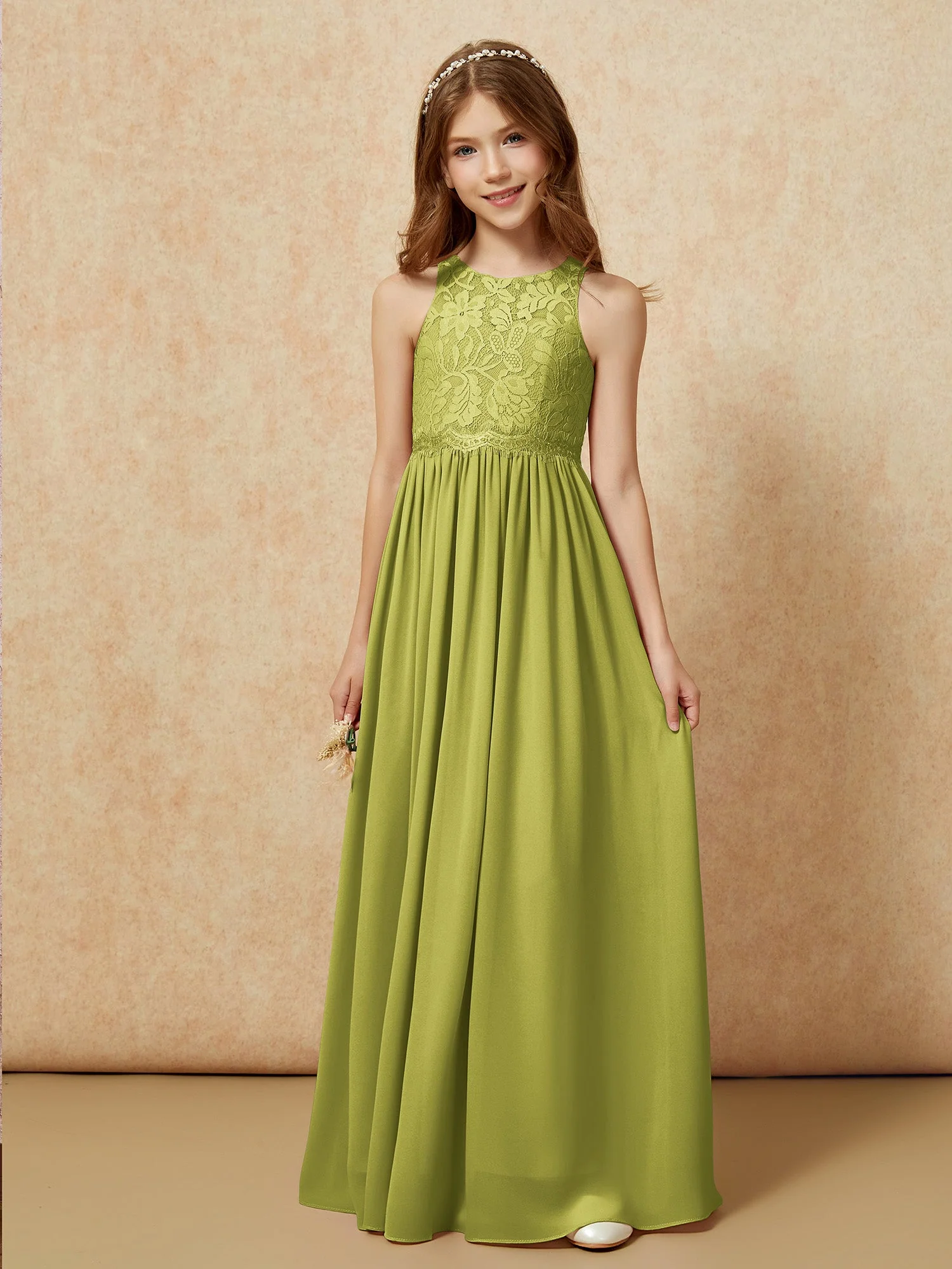 Ärmellos Spitze Chiffon A-Linie Junge Brautjungfernkleider Zimtrose - Image 6