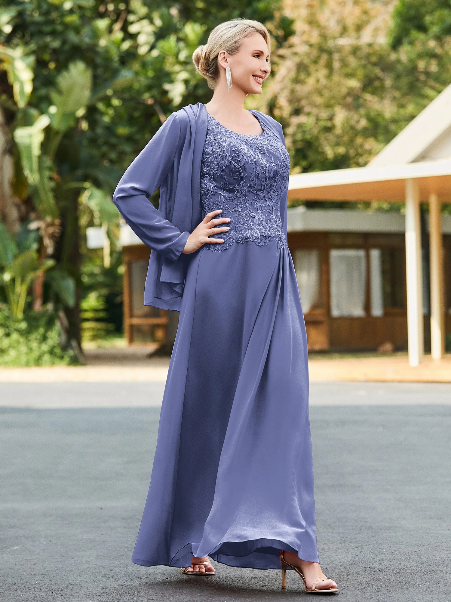 Ärmellos Spitzen Applikationen Kleid mit Jacke Periwinkleblau - Image 3