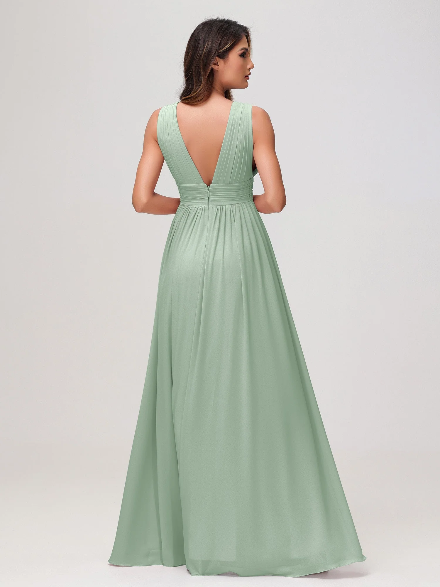 Ärmellos V-Ausschnitt Chiffon A-Linie Kleid mit Schlitz Agavengrün - Image 2