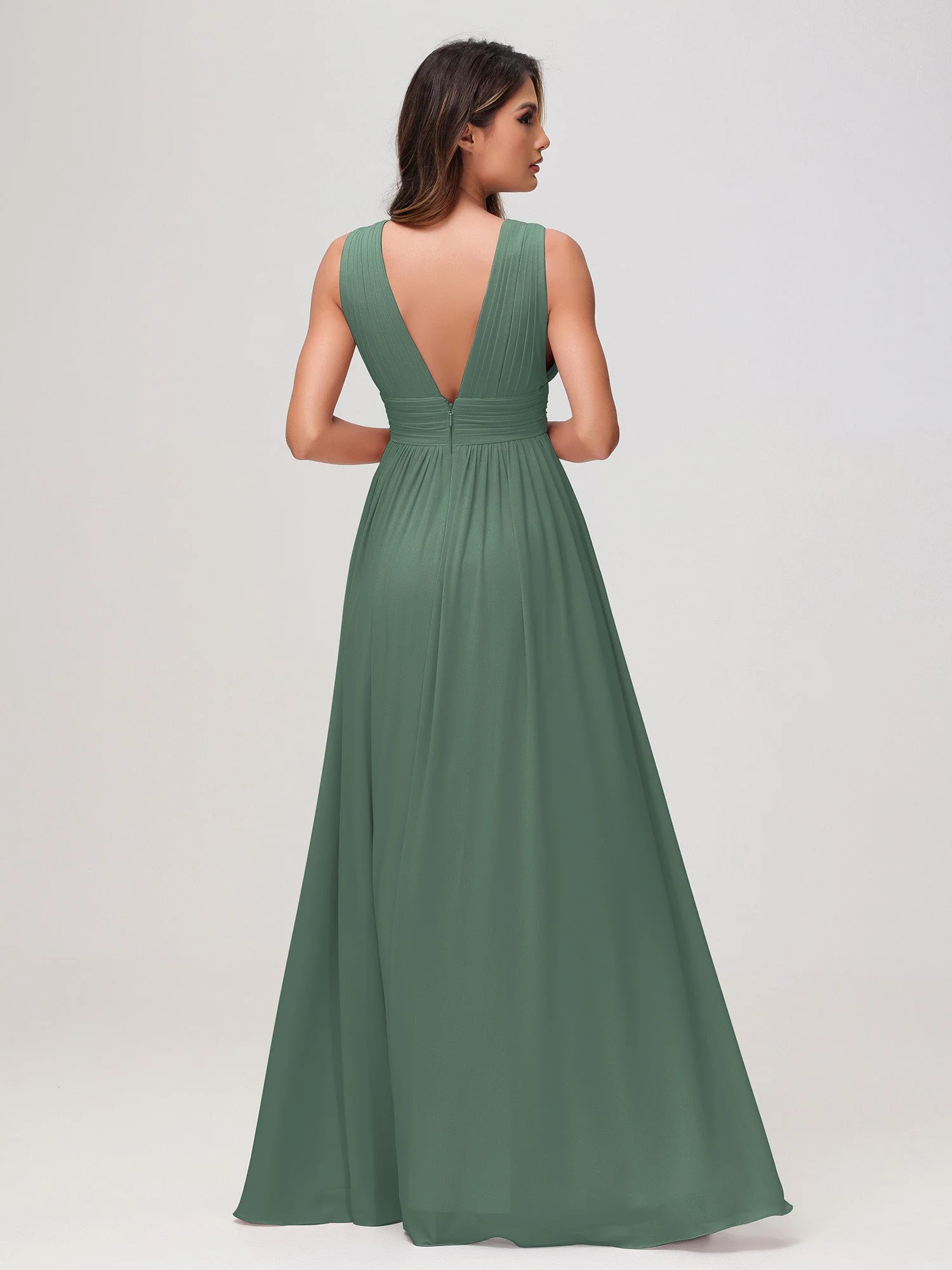 Ärmellos V-Ausschnitt Chiffon A-Linie Kleid mit Schlitz Eukalyptus - Image 2