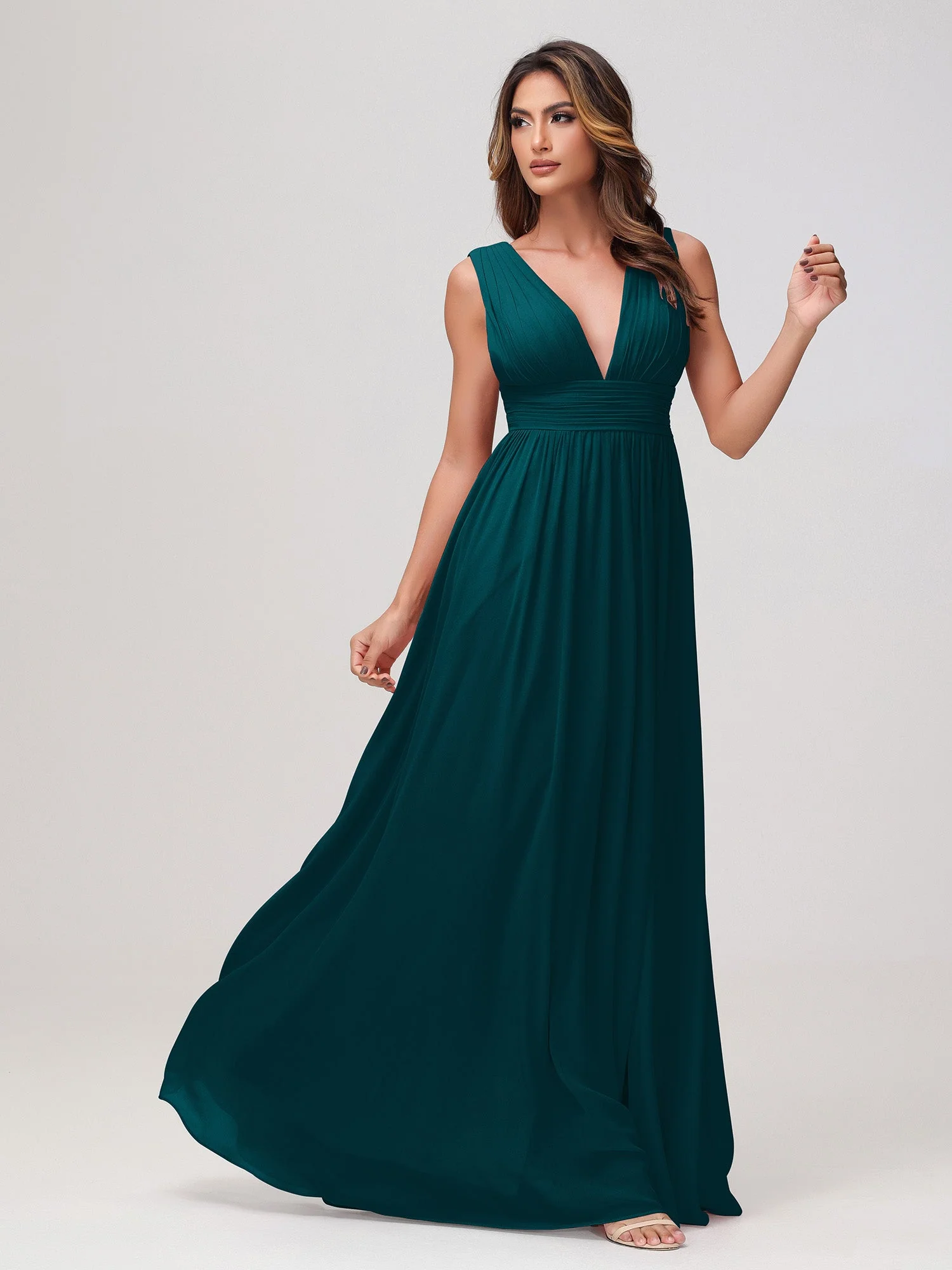 Ärmellos V-Ausschnitt Chiffon A-Linie Kleid mit Schlitz Kieferngrün - Image 3