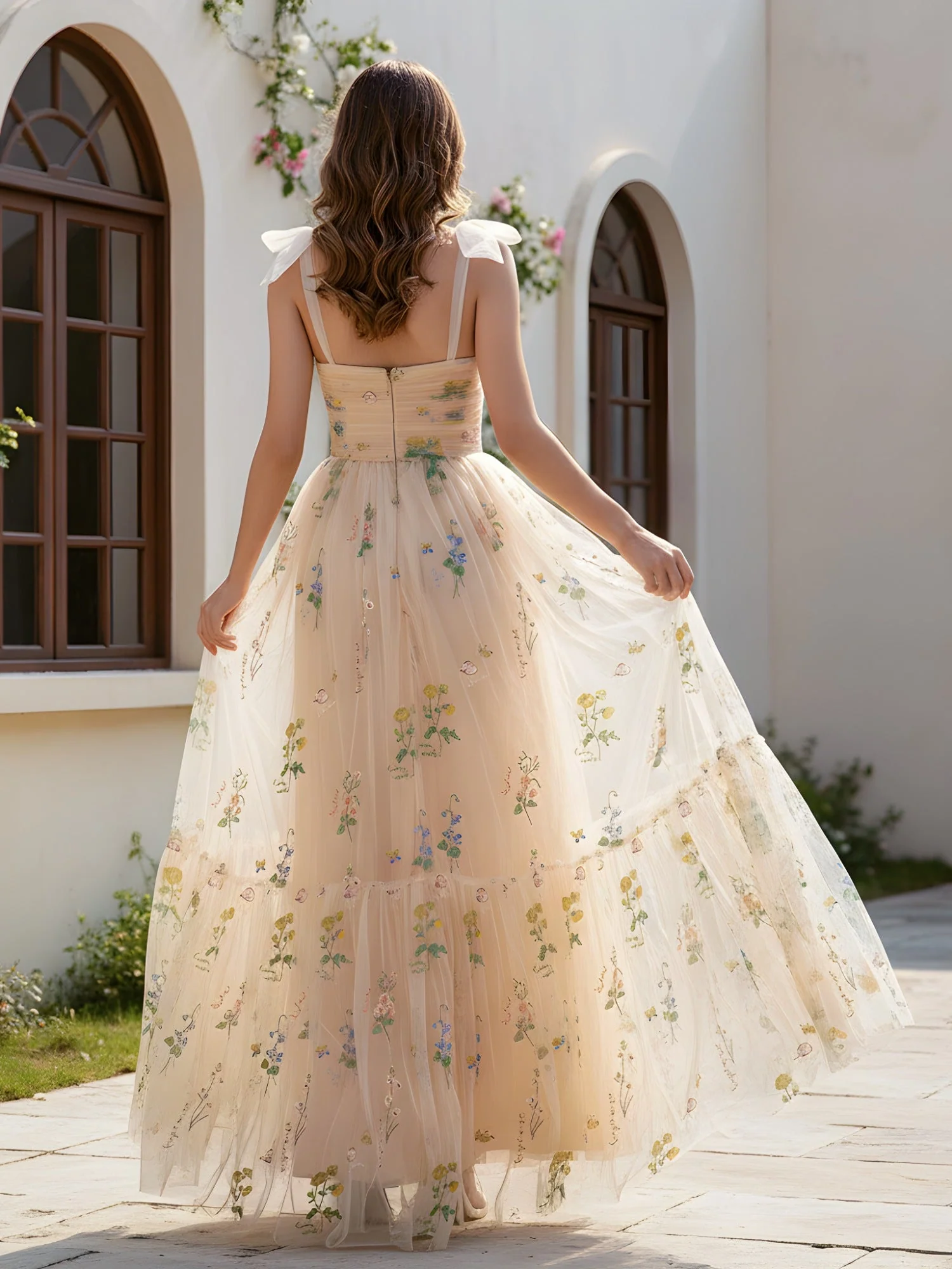 Plissee Herzform Ausschnitt Applique A-Linie Tüll Kleid Champagner - Image 2