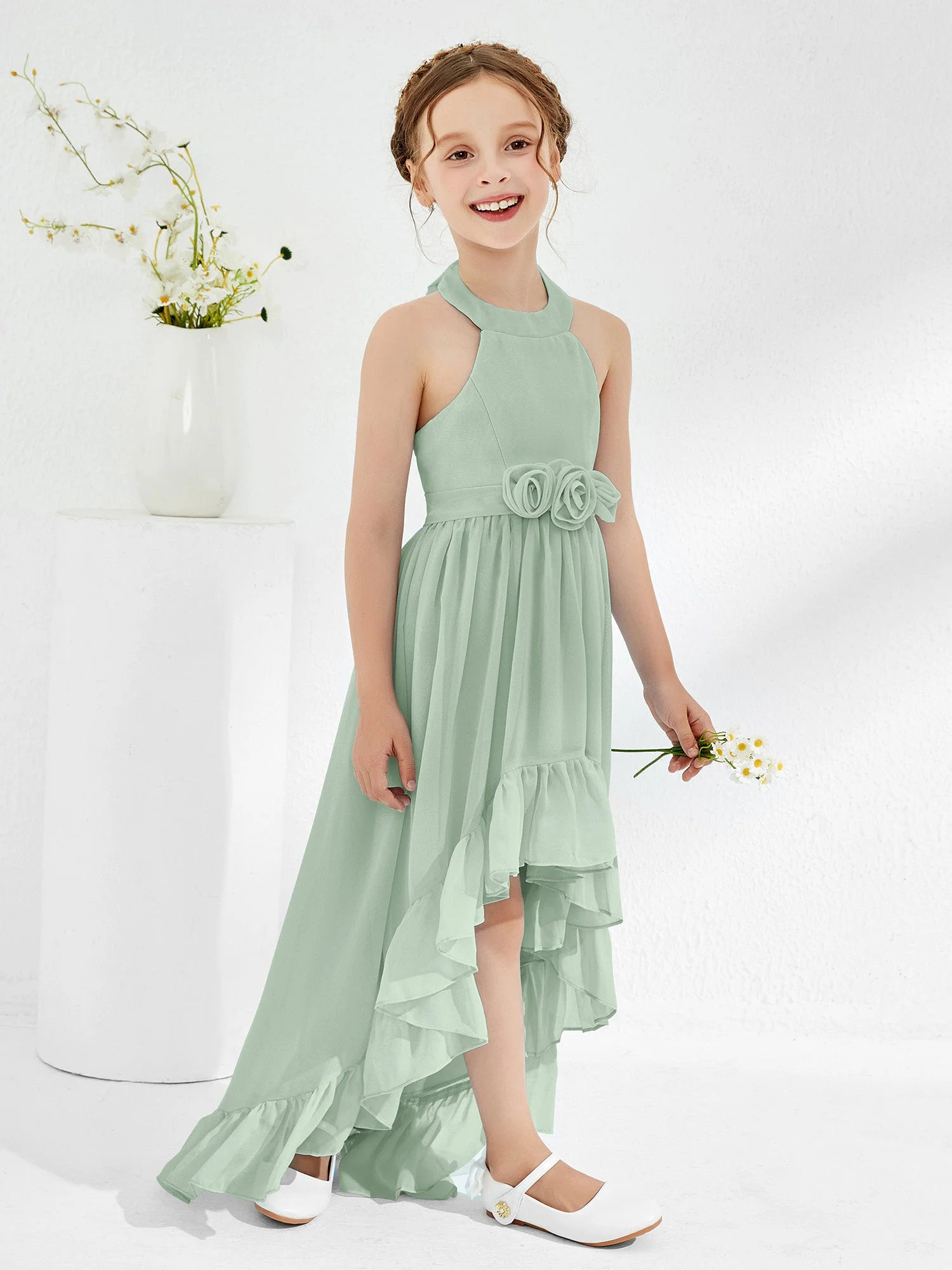 Asymmetrisch A-Linie Junge Brautjungfernkleider mit Blumen Agavengrün - Image 3