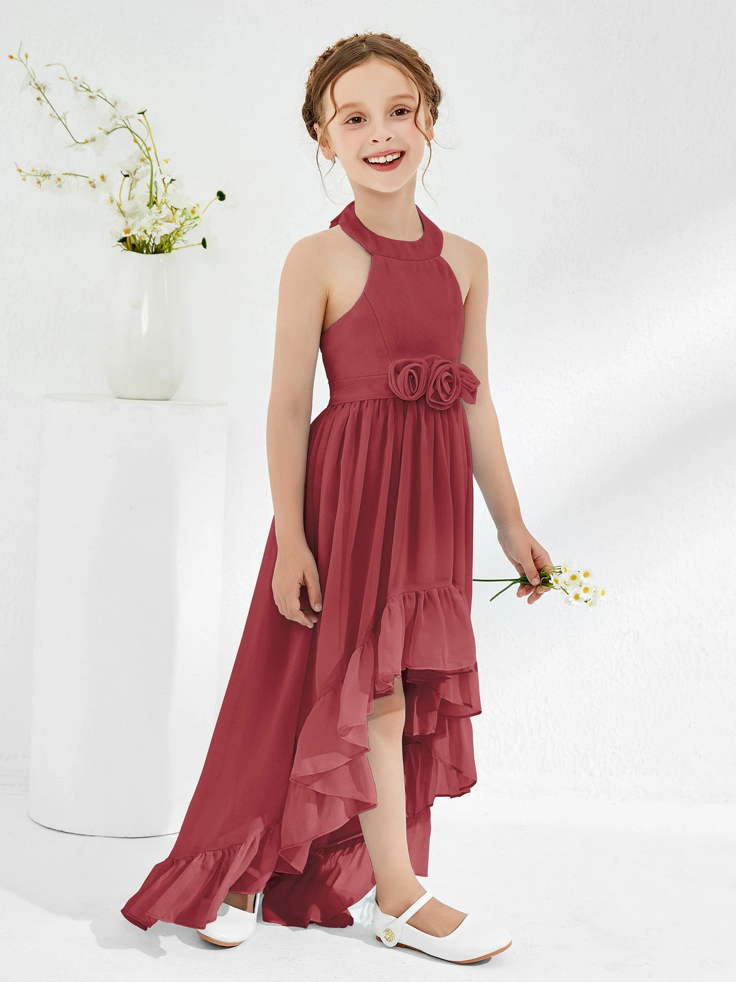 Asymmetrisch A-Linie Junge Brautjungfernkleider mit Blumen Zimtrose - Image 3