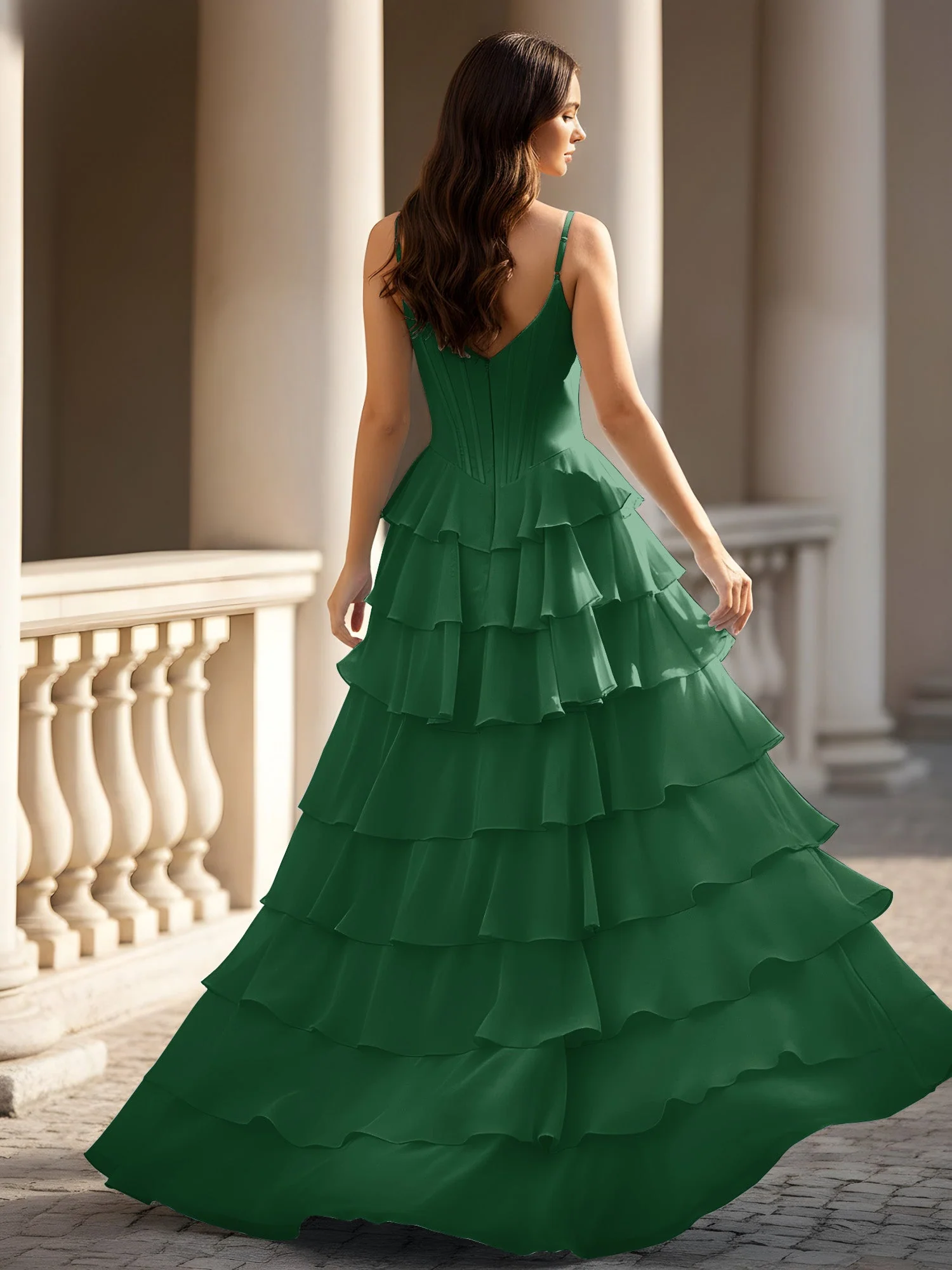 Spaghettiträger A-Linie Chiffon Stufen Kleid mit Schlitz Dunkelgrün - Image 2