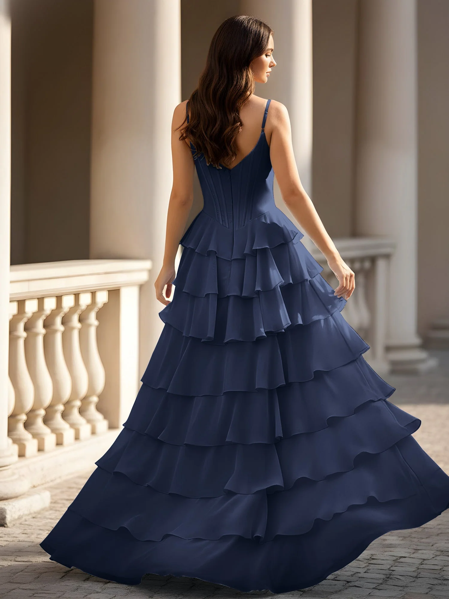 Spaghettiträger A-Linie Chiffon Stufen Kleid mit Schlitz Dunkelmarine - Image 2