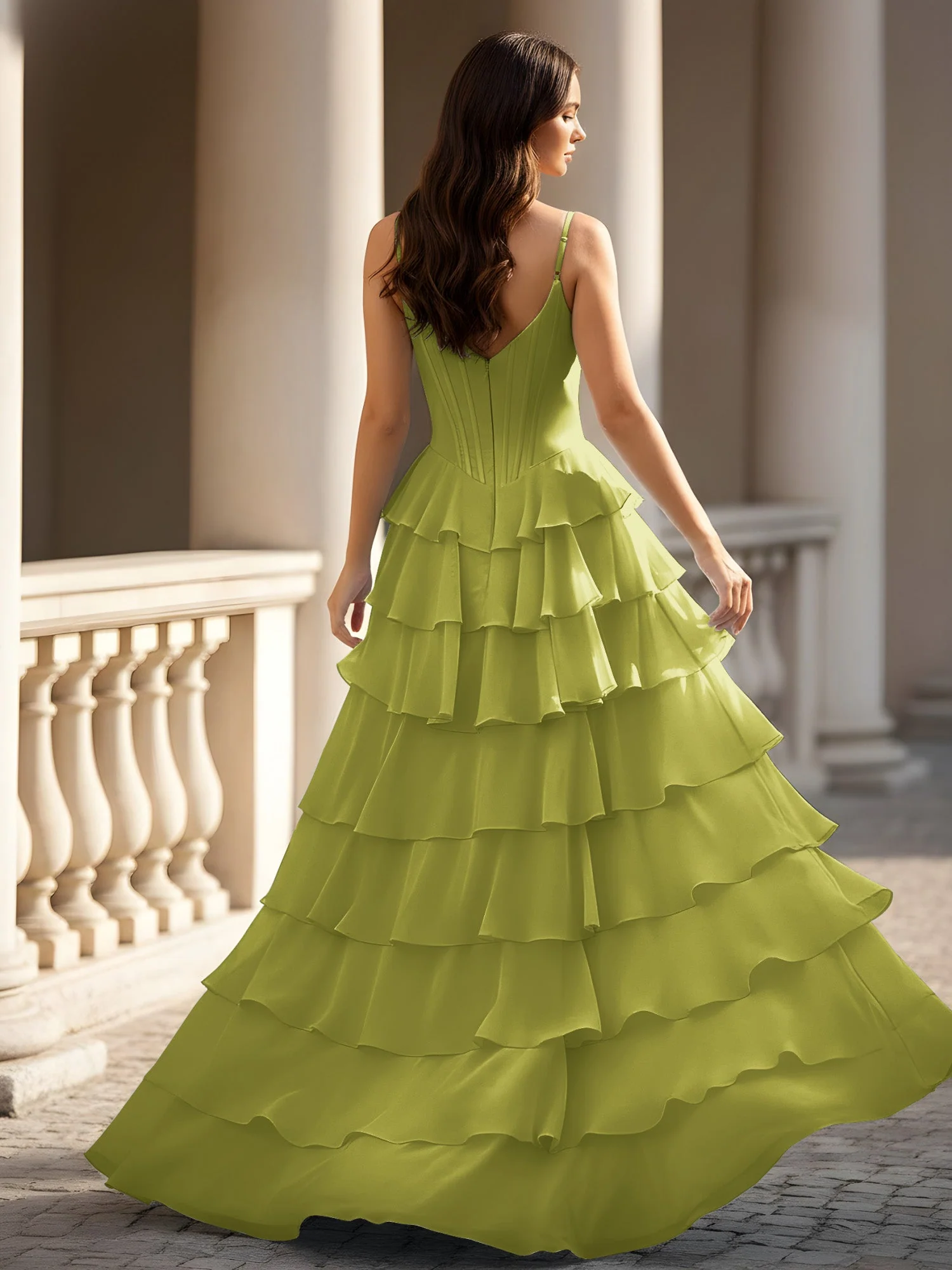 Spaghettiträger A-Linie Chiffon Stufen Kleid mit Schlitz Kleegrün - Image 2