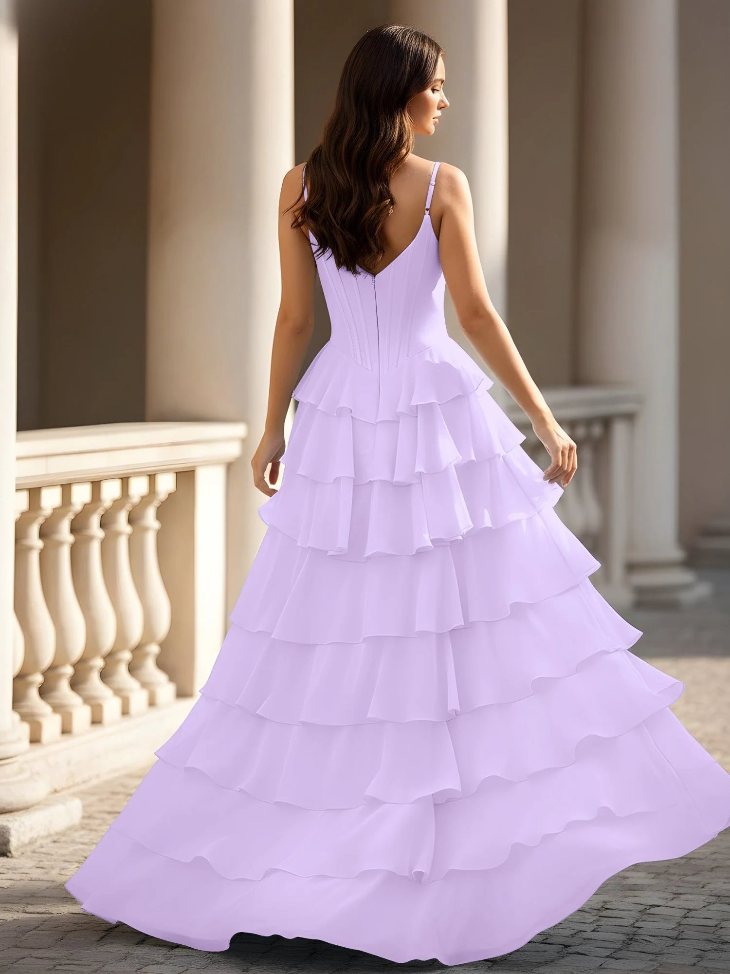 Spaghettiträger A-Linie Chiffon Stufen Kleid mit Schlitz Lila - Image 2
