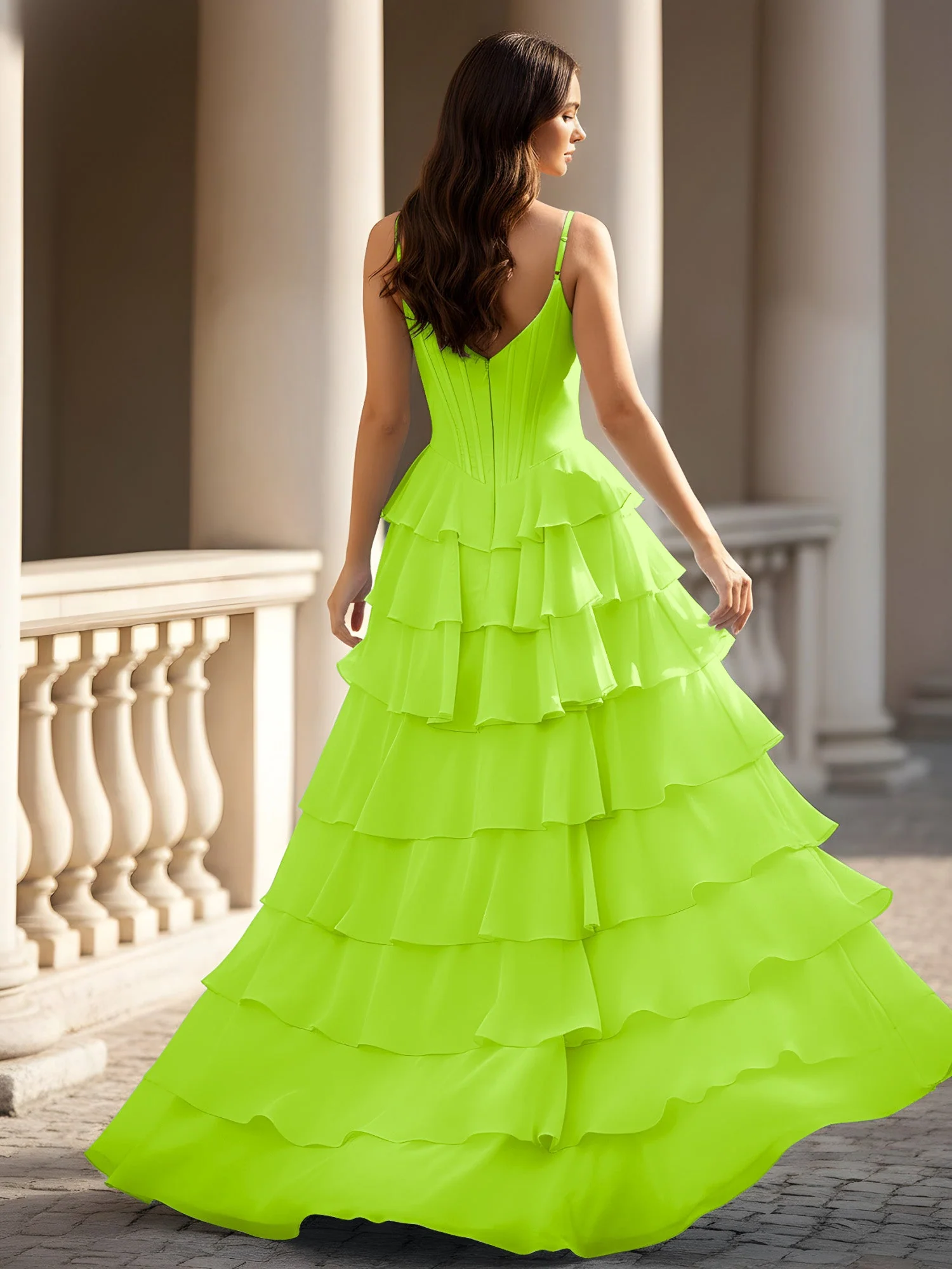 Spaghettiträger A-Linie Chiffon Stufen Kleid mit Schlitz Lindgrün - Image 2