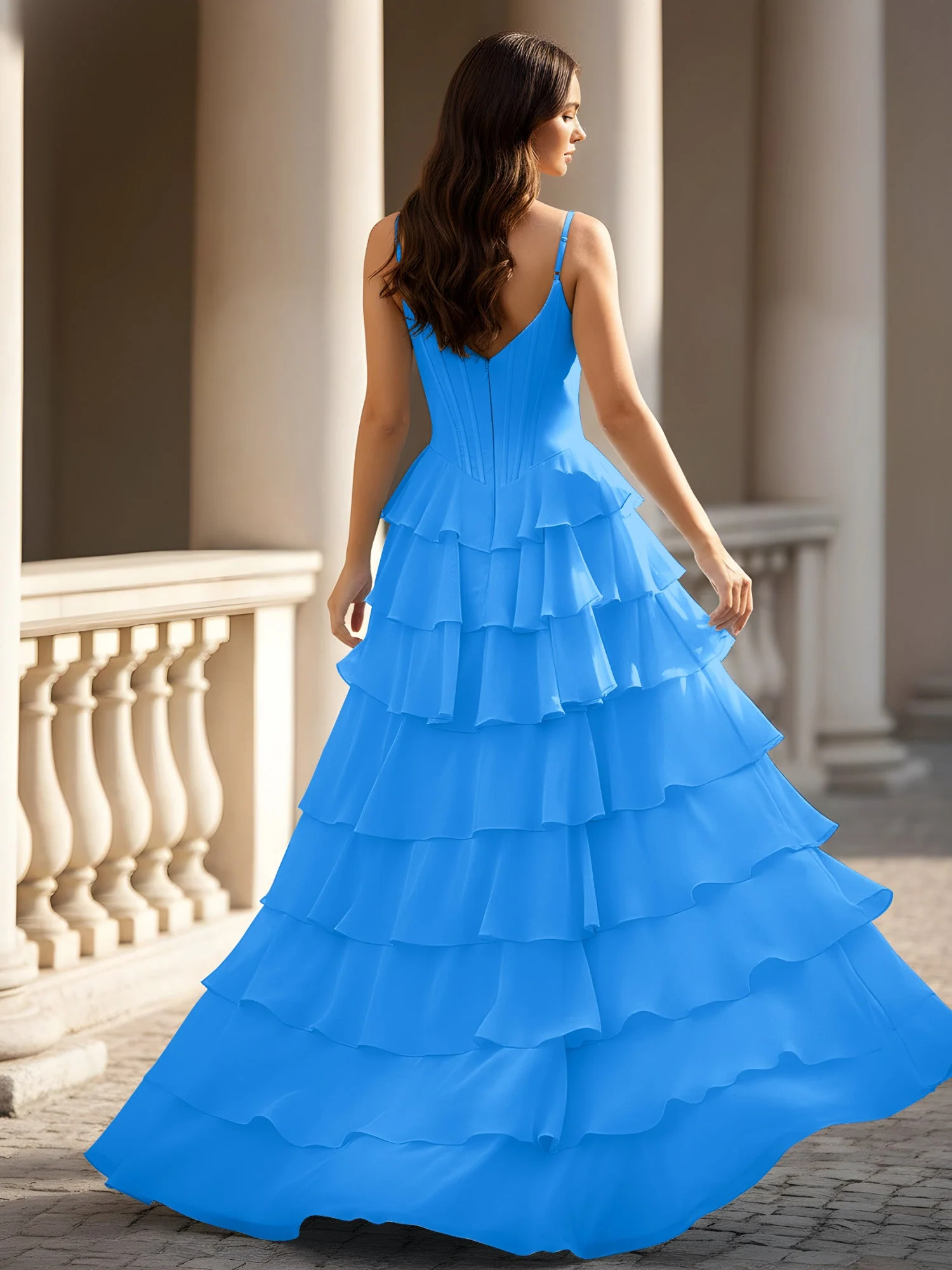 Spaghettiträger A-Linie Chiffon Stufen Kleid mit Schlitz Meerblau - Image 2