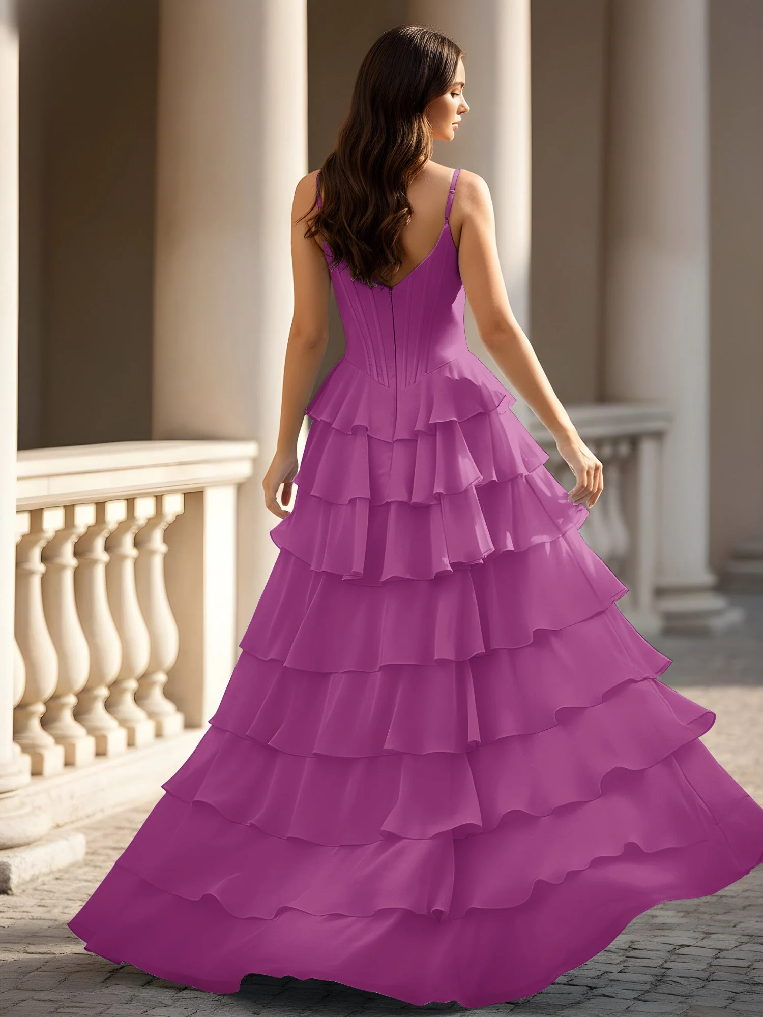 Spaghettiträger A-Linie Chiffon Stufen Kleid mit Schlitz Orchidee - Image 2
