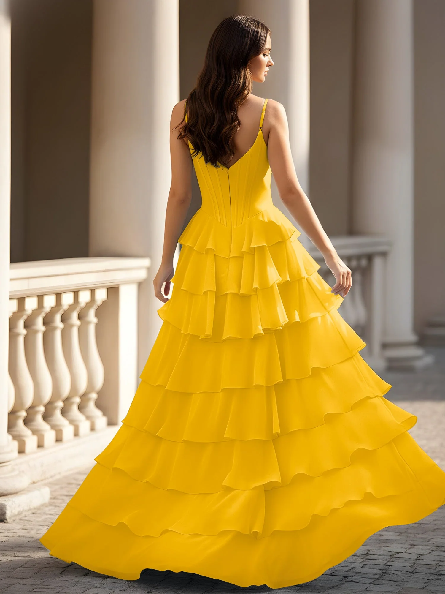 Spaghettiträger A-Linie Chiffon Stufen Kleid mit Schlitz Ringelblume - Image 2