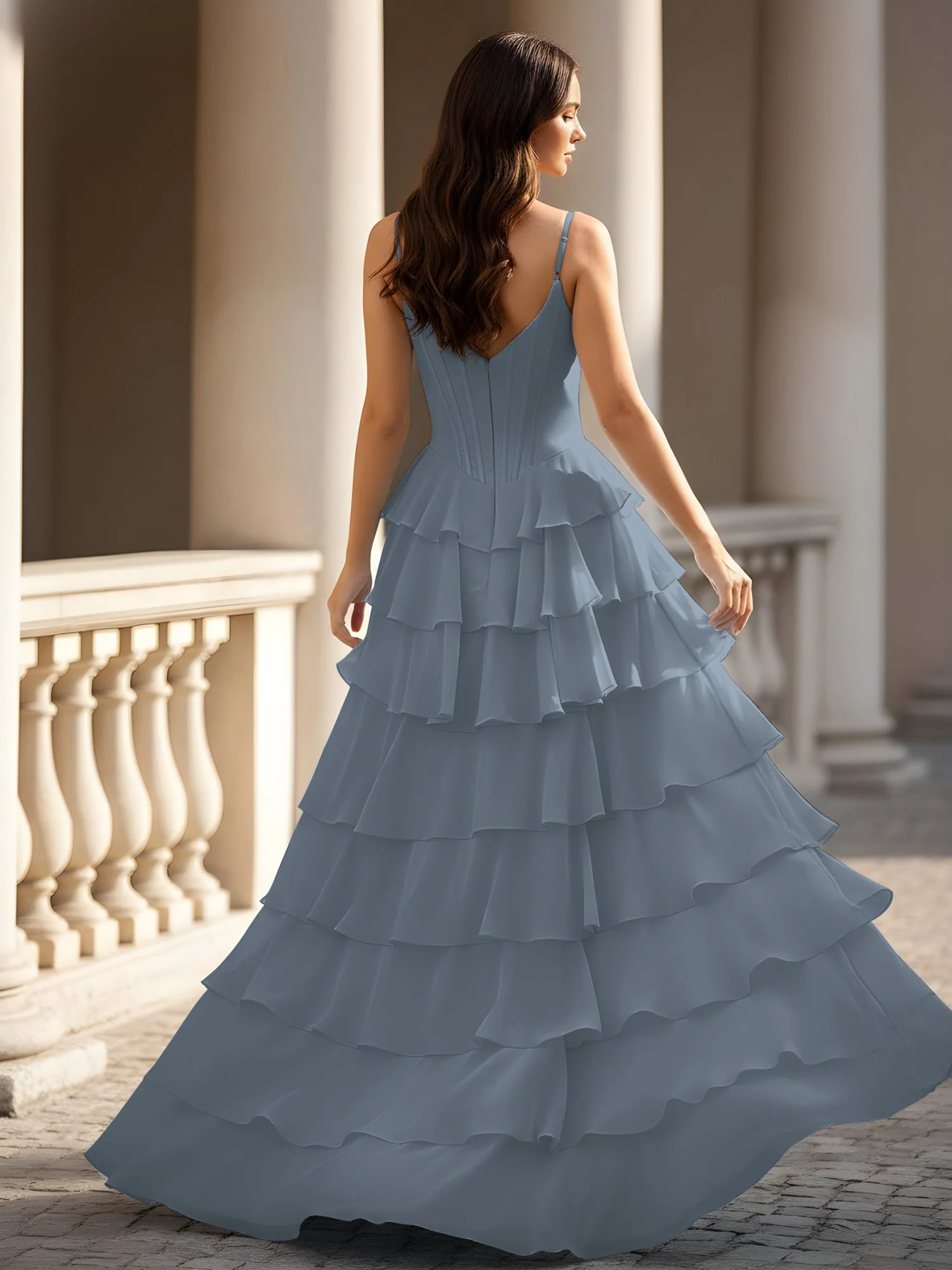 Spaghettiträger A-Linie Chiffon Stufen Kleid mit Schlitz Schiefer Blau - Image 2