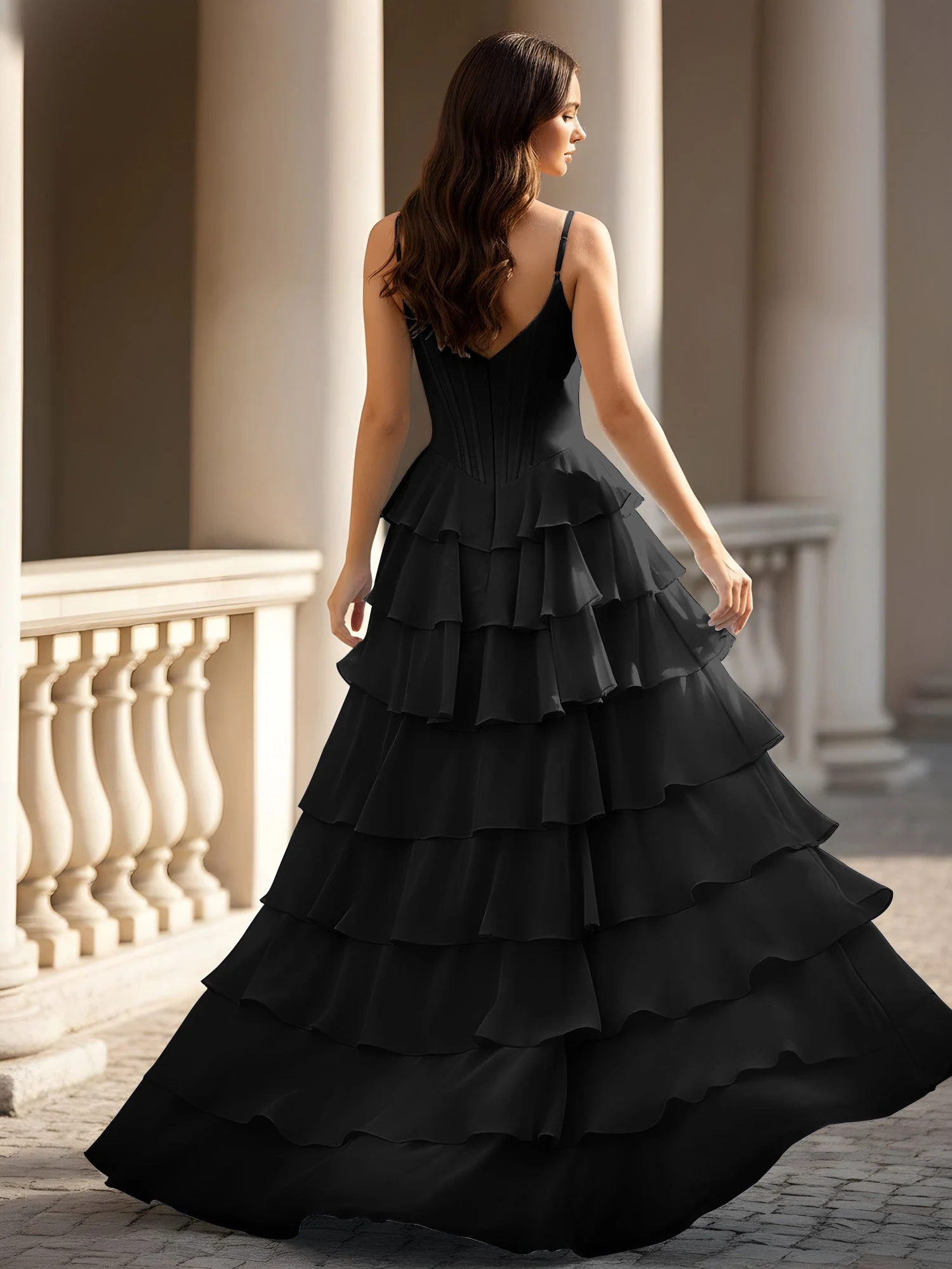Spaghettiträger A-Linie Chiffon Stufen Kleid mit Schlitz Schwarz - Image 2