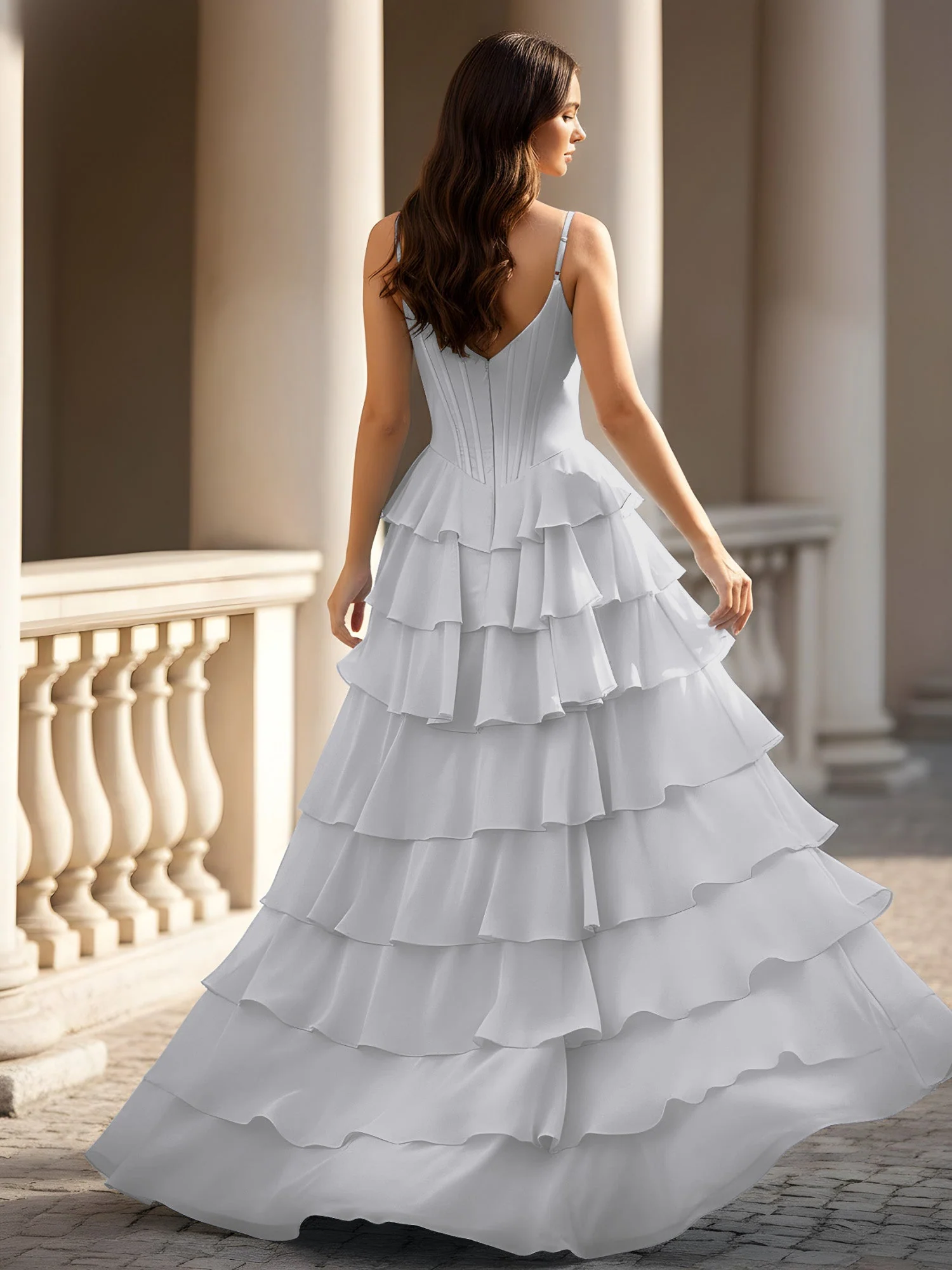 Spaghettiträger A-Linie Chiffon Stufen Kleid mit Schlitz Silber - Image 2