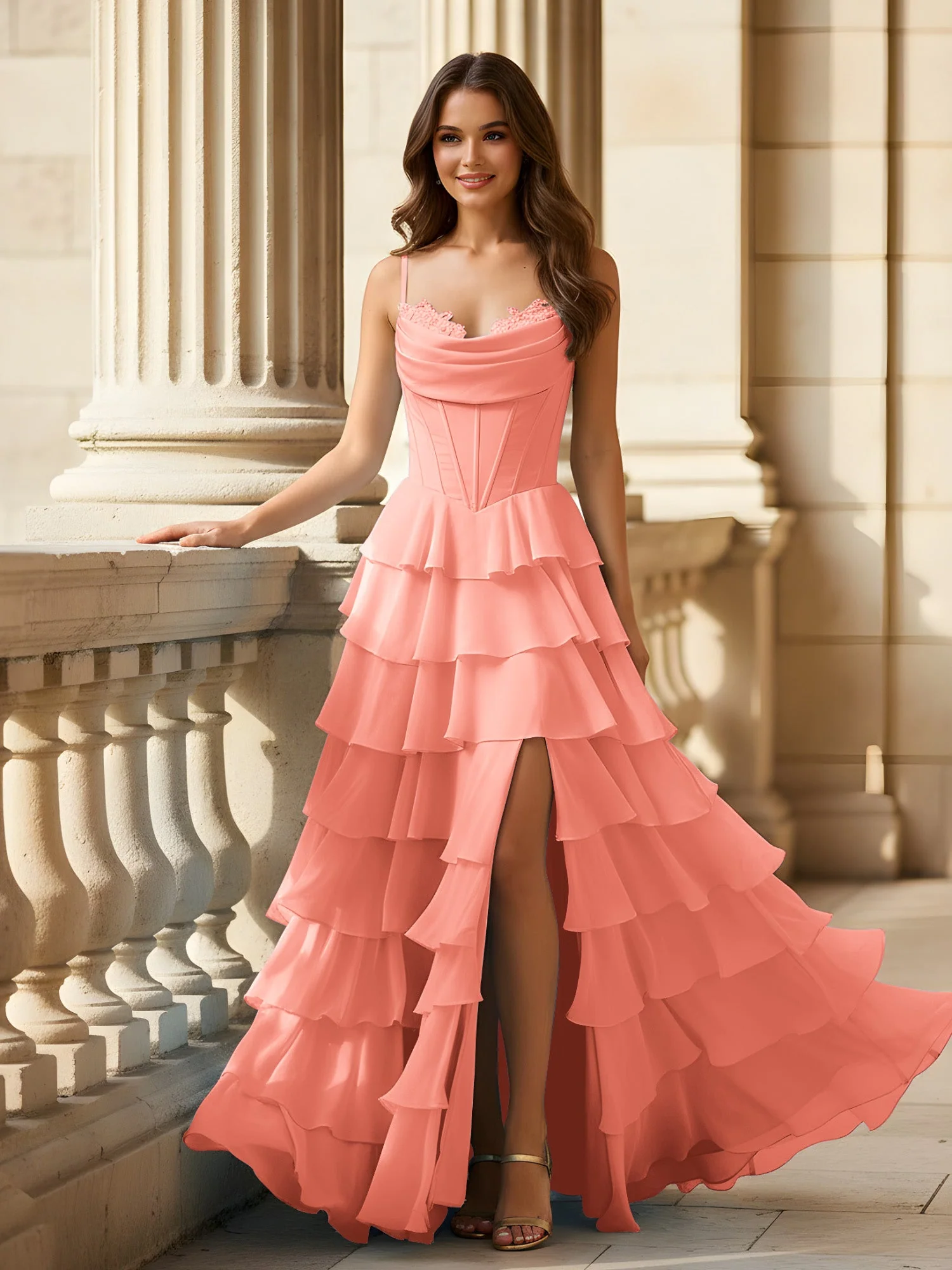 Spaghettiträger A-Linie Chiffon Stufen Kleid mit Schlitz Sonnenuntergang